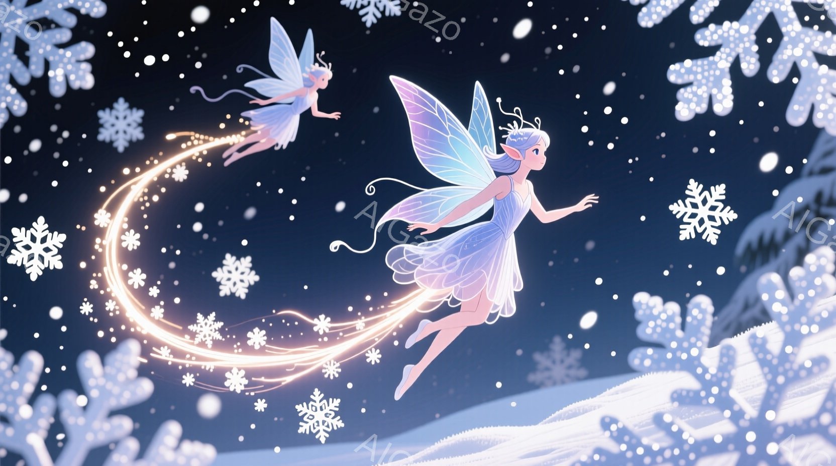 氷点下の夜空を、二人の妖精が舞い踊っている様子が描かれています。妖精たちは軽やかな白いドレスを身につけ、シルクのような銀髪をなびかせ、優雅なポーズで輝く光の軌跡を残しています。背景は雪景色で、氷の結晶が散りばめられ、幻想的で静謐な雰囲気を醸し出しています。