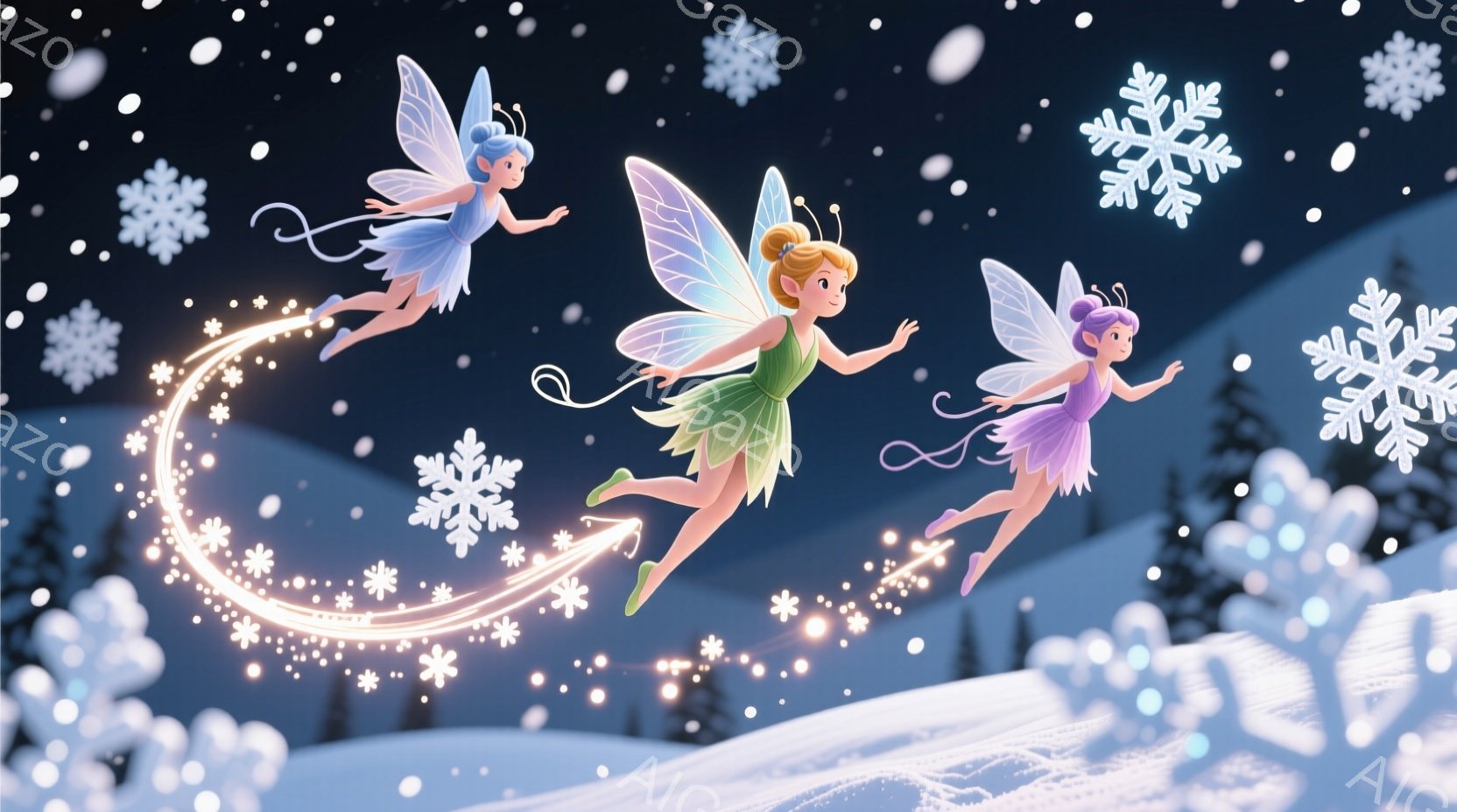 雪が降る夜の風景の中に、3人の妖精が描かれています。それぞれ異なる色のドレスを身につけ、髪型も異なり、楽しそうな表情で空を飛んでいます。背景には雪に覆われた木々や丘が見え、きらめく光の筋が妖精たちの軌 - AI生成フリー素材
