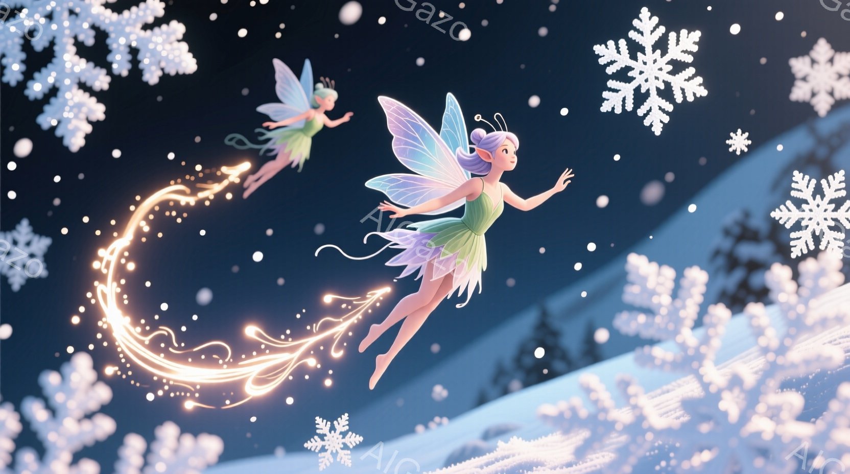 空中で舞う二人の妖精が描かれています。一人は薄紫色の髪に、もう一人は金髪で、それぞれ花びらのような羽を持っています。背景は雪が降り積もる夜の森で、光る粒子が妖精たちの周りを漂い、幻想的な雰囲気を醸し出しています。