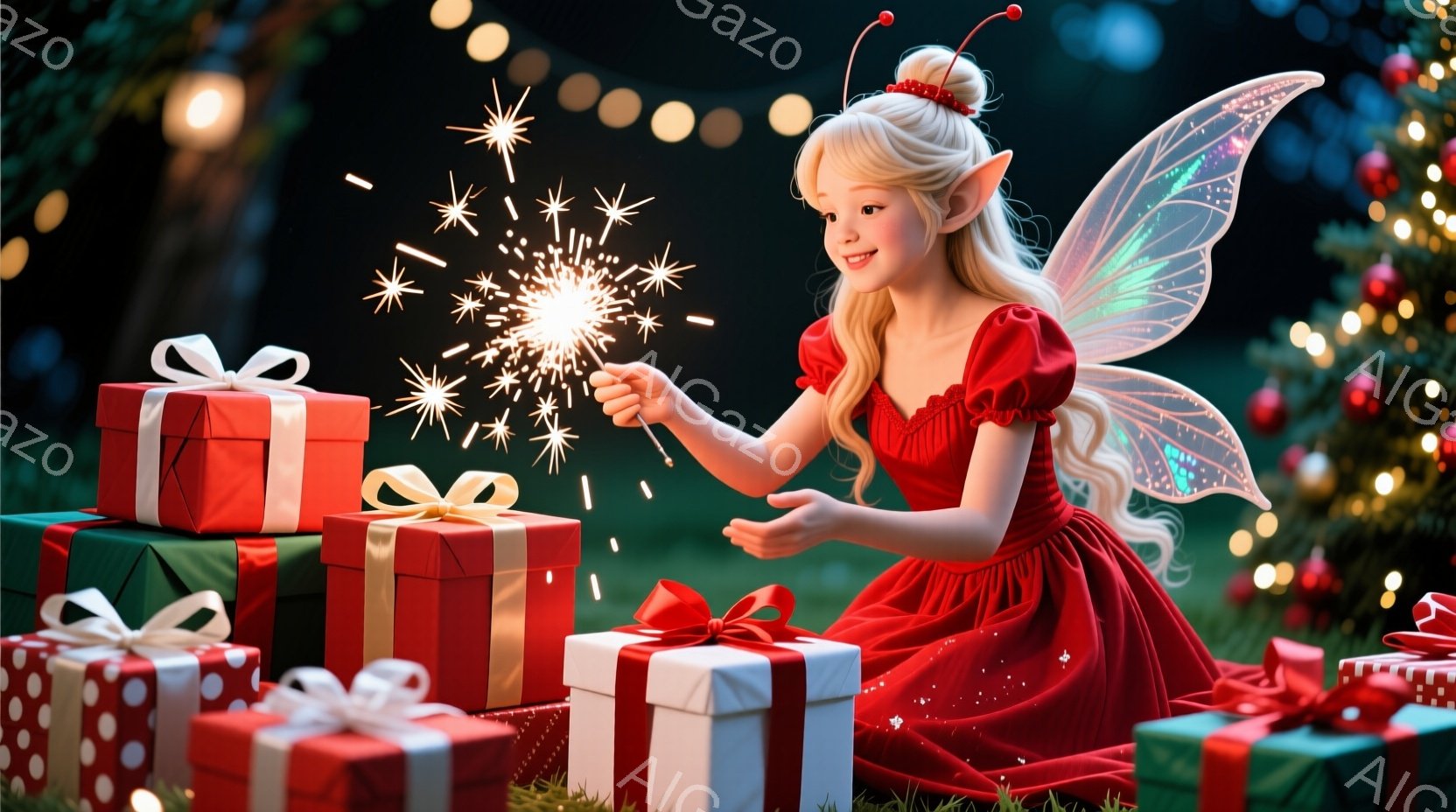 少女は赤いドレスを着ており、金色の髪は巻かれ、頭に小さな角飾りをつけています。彼女はプレゼントの山に囲まれ、片手に光る杖を持っており、楽しそうな笑顔を浮かべています。背景には緑の草地と、ぼやけたクリスマスツリーの光があり、お祝いムード満載の暖かい雰囲気です。