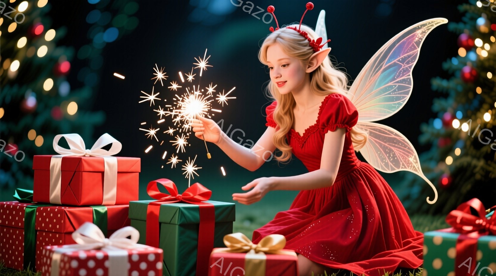 金髪の少女が赤いドレスと妖精のような羽を身につけ、プレゼントの山の中で輝く光の棒を持っている。彼女はひざまずいて微笑み、光の棒が魔法のような光を放ち、華やかな雰囲気を醸し出している。背景にはぼやけたクリスマスツリーとプレゼントが散らばっており、暖かく幻想的なクリスマスの雰囲気を強調している。
