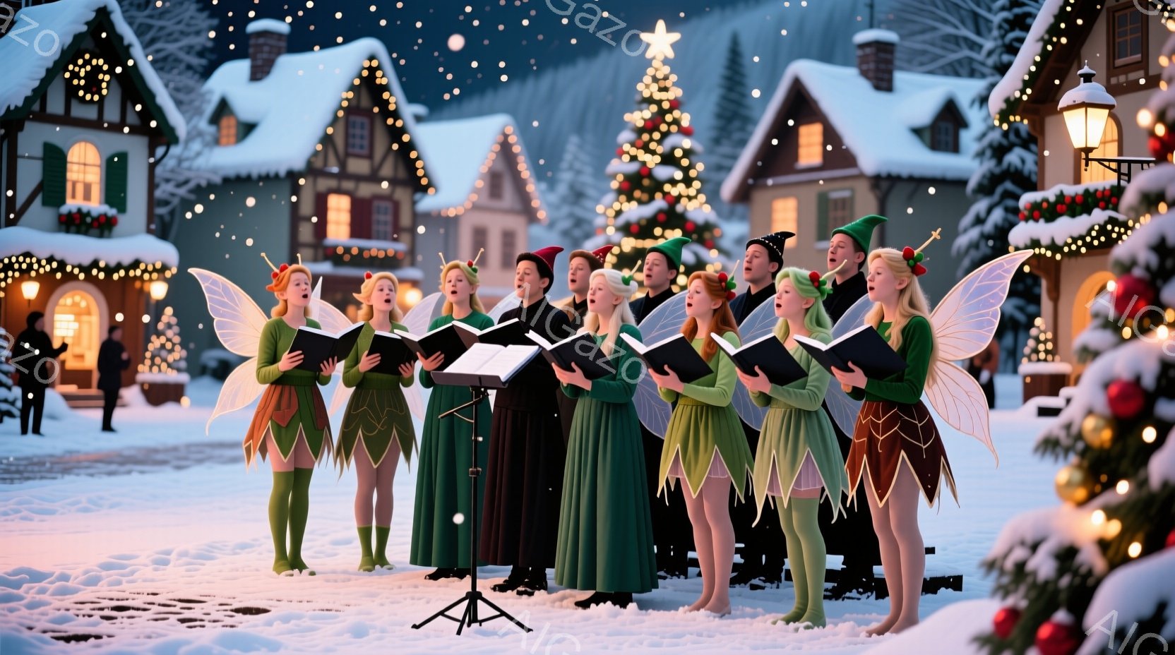 雪が降るクリスマスの夜、緑色の衣装を身につけた人々が合唱しています。彼らはそれぞれ楽譜を見ながら歌っており、表情は楽しげです。背景にはクリスマスツリーや装飾された家々が並び、温かく幻想的な雰囲気を醸し出しています。