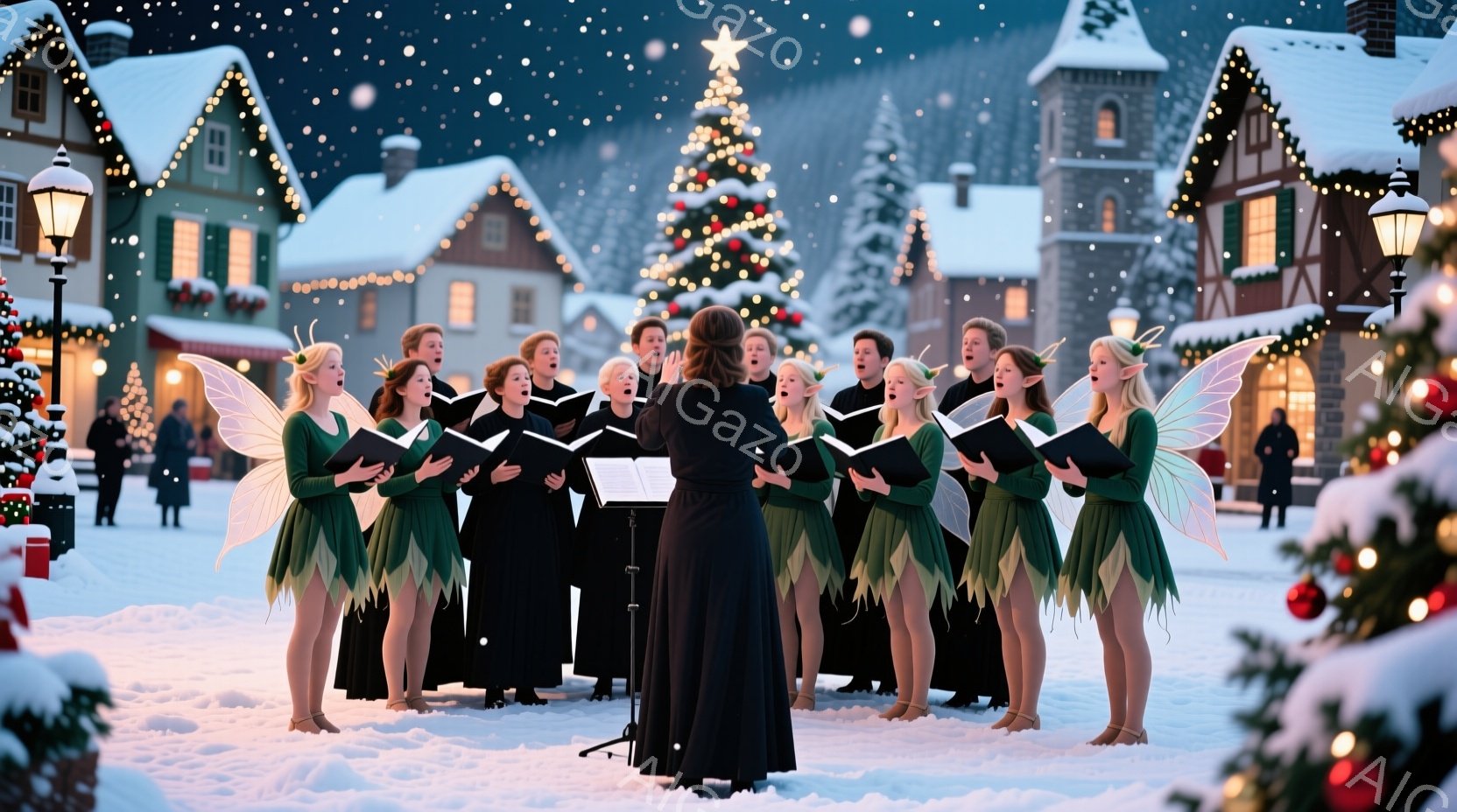 雪が降り積もる、クリスマスの装飾が施された街並みで、緑色の衣装と小さな羽を身につけた人々が合唱している。指揮者は黒いドレスを着ており、全員が楽譜を見ながら歌っている様子は、温かく幻想的な雰囲気を醸し出 - AI生成フリー素材