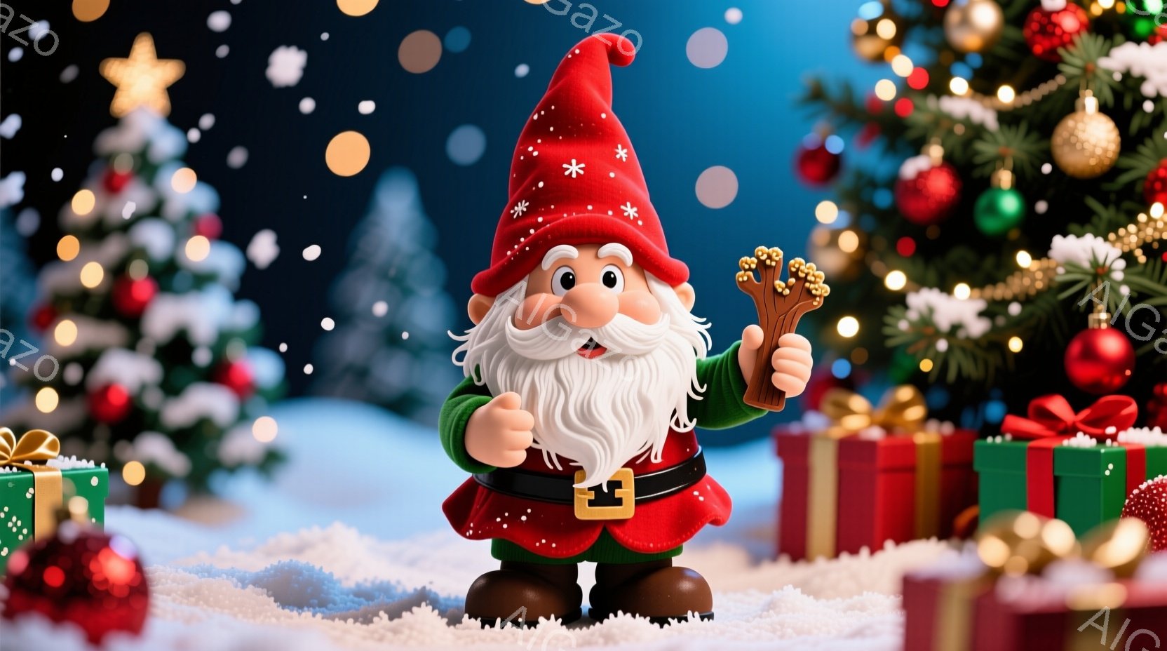 雪が降る背景に、赤い帽子と緑色の服を着た小さな妖精が立っています。彼は長い白いひげと明るい笑顔を持ち、片手に小さな枝を持っています。背景にはクリスマスツリーとプレゼント箱が並び、お祝いムードが漂っています。