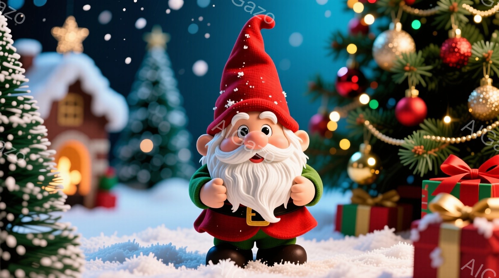 雪景色の中に、赤い帽子と緑色の服を着た愛らしい小人が立っています。ふさふさの白いひげと笑顔が特徴で、両手を広げて楽しそうにしています。背景には、クリスマスツリー、プレゼント、雪に覆われた小さな家々が見られ、暖かくお祝いムードに満ちています。