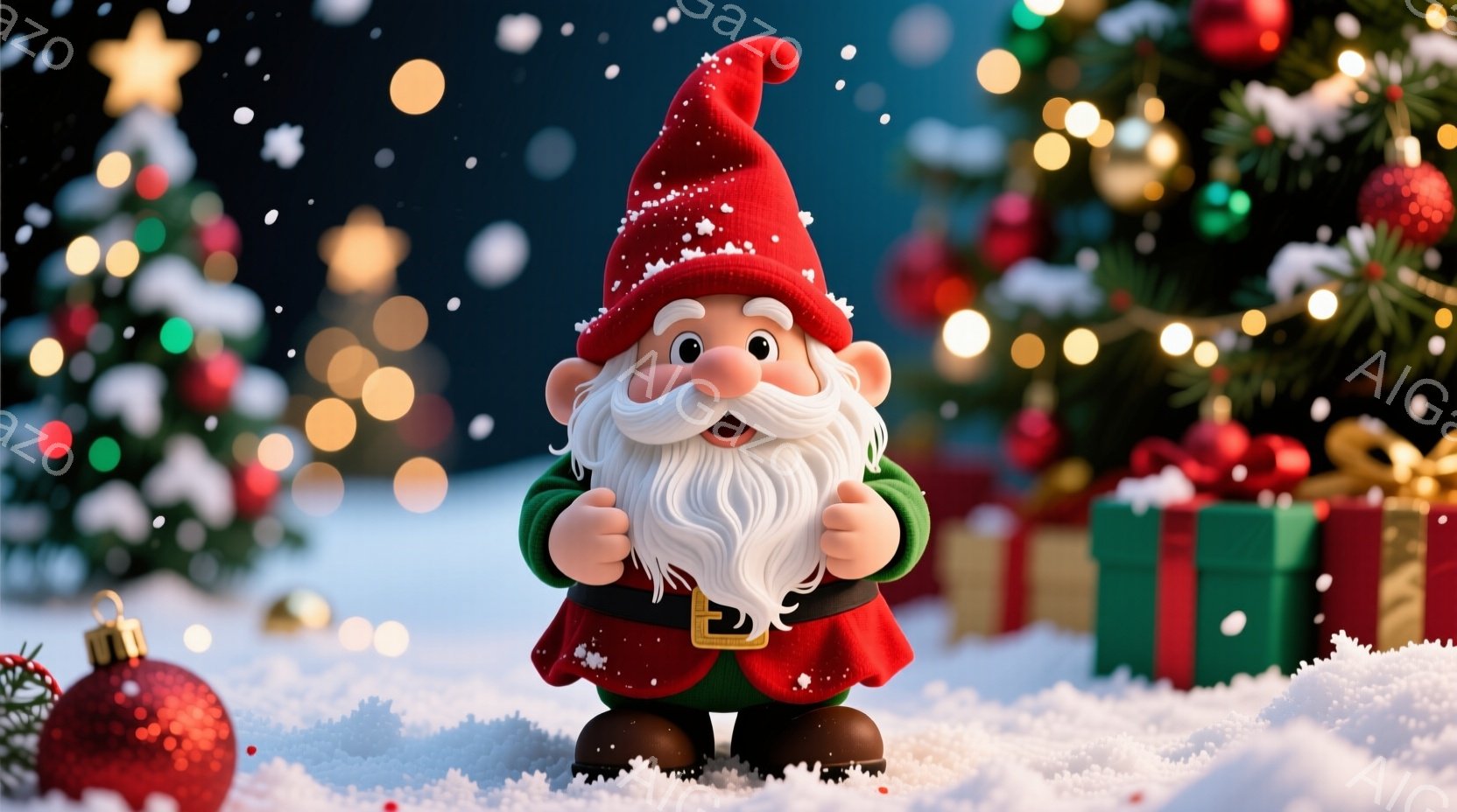 雪が降る中で、赤い帽子と緑の服を着た小さな妖精のような人物が立っています。白い長い髭と微笑ましい表情を持ち、片手を上げて親指を立てています。背景には、ぼやけたクリスマスツリーとプレゼントボックス、そし - AI生成フリー素材
