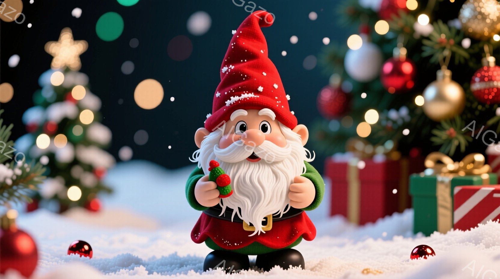 雪の上に置かれた可愛らしい小人が描かれています。赤い帽子と緑色の服を着ており、白いひげと笑顔が印象的です。背景には、キラキラと光るクリスマスツリーやプレゼント箱が散りばめられ、暖かく幻想的な雰囲気を醸し出しています。