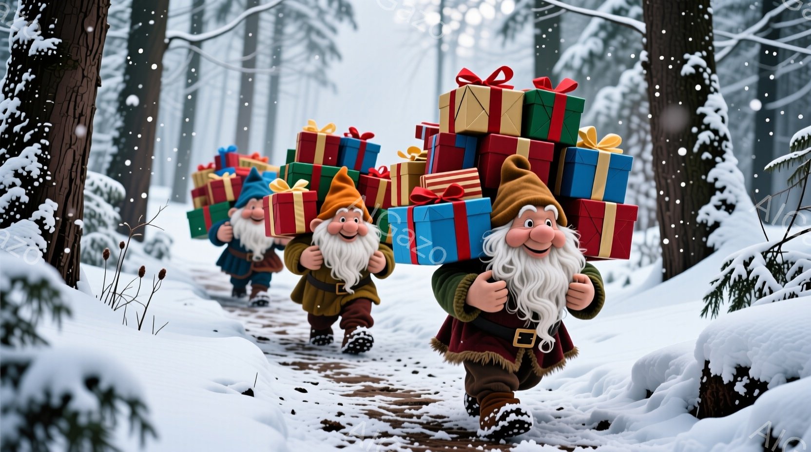 雪に覆われた森の小道を、プレゼントの山を抱えた３人の小人が歩いています。赤い帽子と茶色の服を着た小人は、白いひげを生やし、笑顔で前を見つめており、プレゼントは青、赤、緑など様々な色で、きらびやかなリボンで飾られています。背景は雪に覆われた木々で、冬の穏やかで祝祭的な雰囲気を醸し出しています。
