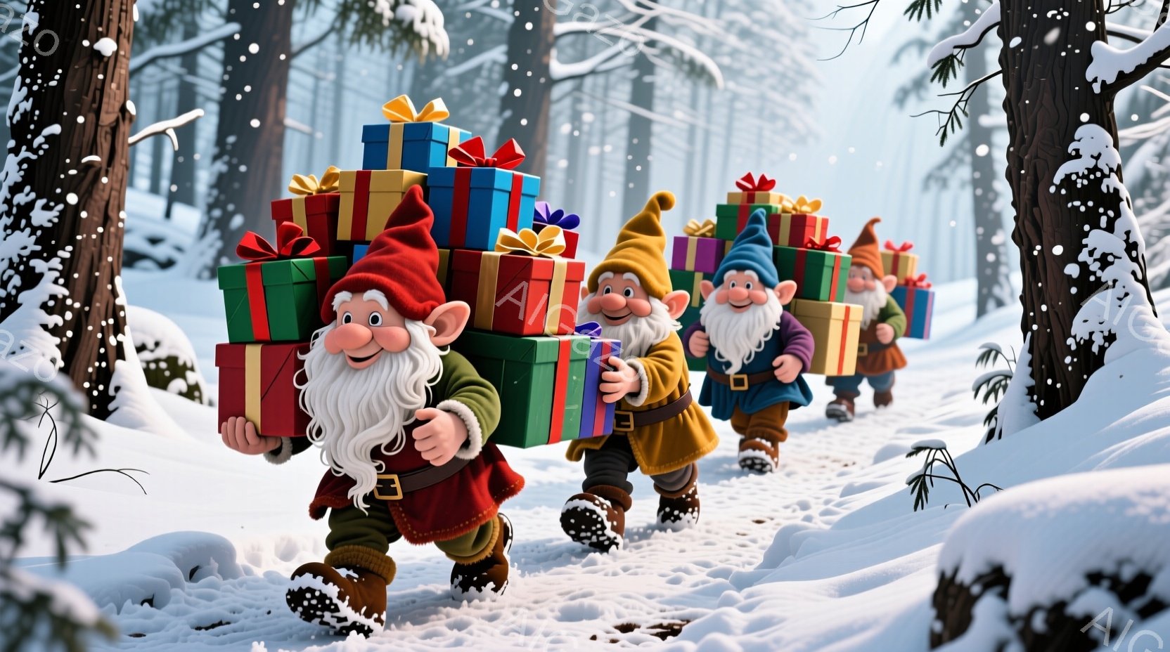 雪景色の中、赤い、黄色の、緑色の帽子をかぶった3人の小人が、それぞれ大きなプレゼントの箱を抱えて歩いています。彼らは白い髭を生やし、笑顔で、冬の森の中を活発に進んでいます。背景には雪に覆われた木々が立ち並び、雪が舞い散る幻想的な雰囲気を醸し出しています。