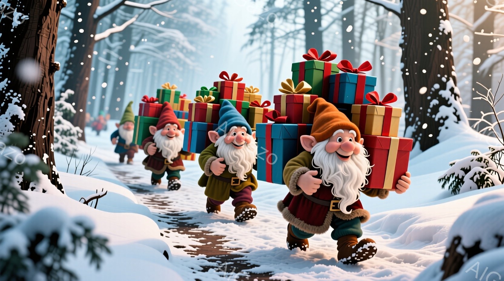 雪の中を、帽子をかぶった白ひげの小人が、カラフルなプレゼントの山を背負って列をなして進んでいます。彼らは皆、緑色のコートと茶色のブーツを履き、幸せそうな笑顔を浮かべています。背景は雪に覆われた森で、木々が立ち並び、冬の静けさと温かいクリスマスの雰囲気が漂っています。