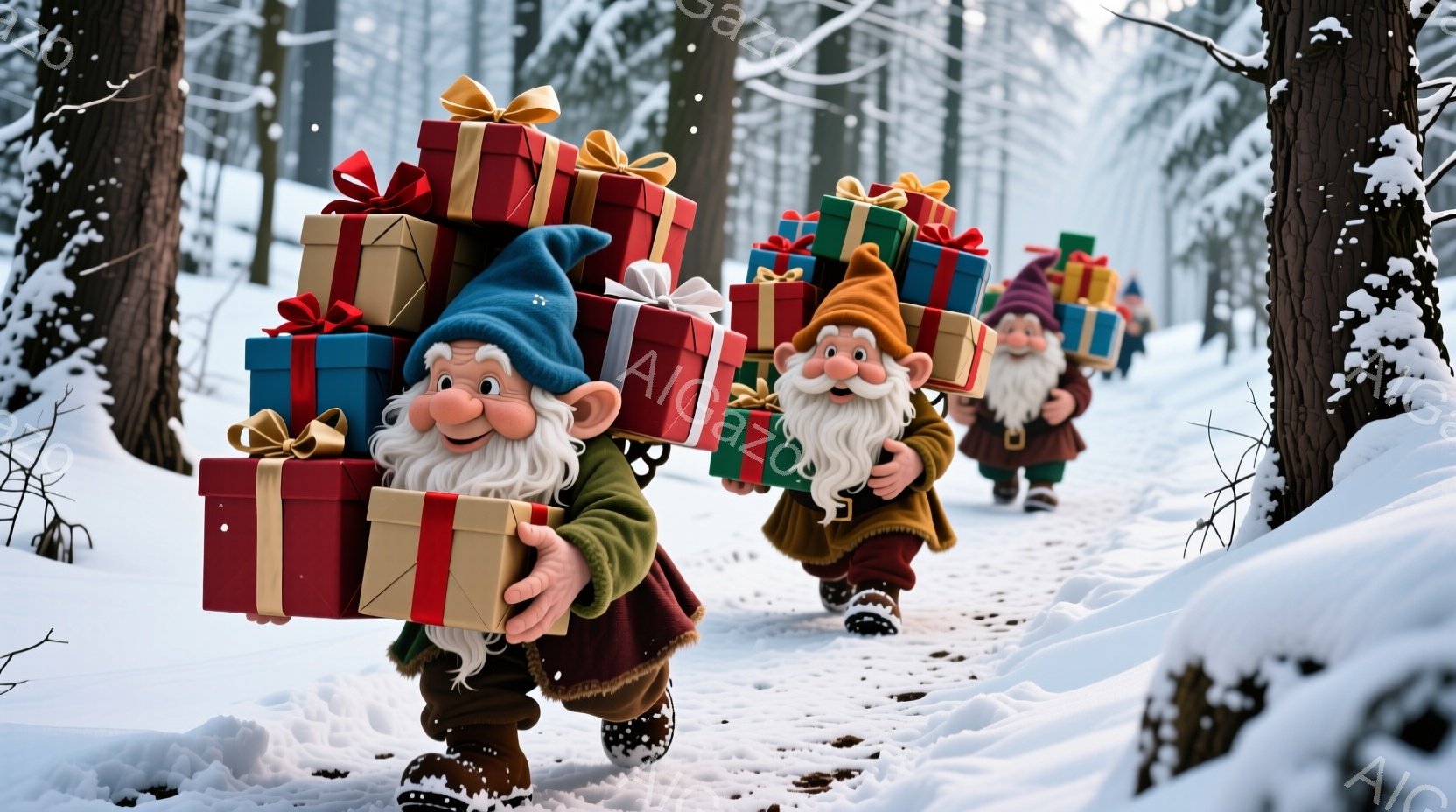 雪景色の中、プレゼントの山を背負った小人たちが列をなして歩いている。彼らは赤いジャケット、黒いズボン、そして可愛らしい帽子を身につけ、白いひげを生やし、楽しそうな表情を浮かべている。背景には雪で覆われた木々が立ち並び、全体的に暖かく、お祭り気分を醸し出す雰囲気である。