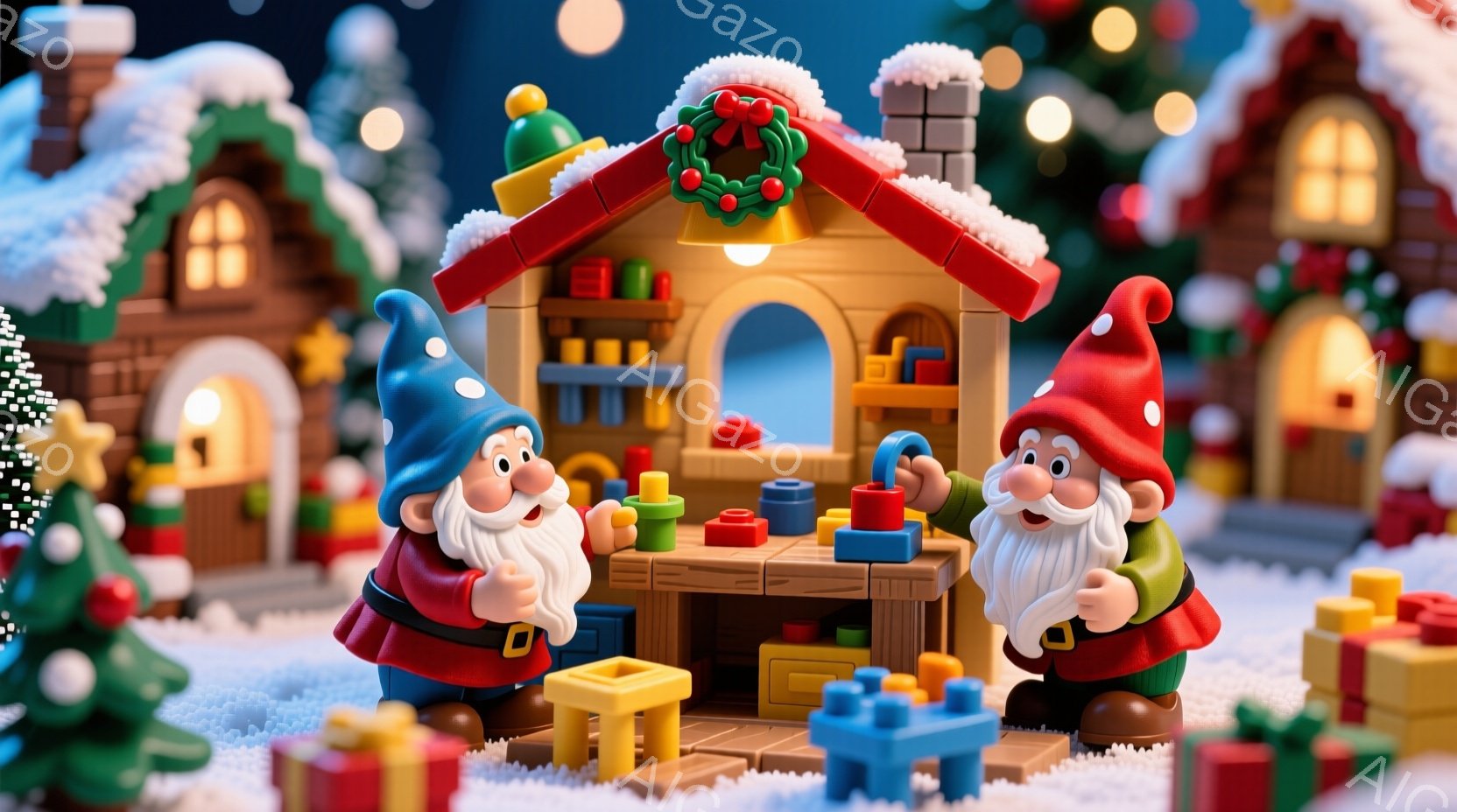 二人の小人が雪の中に立って、おもちゃのブロックで遊んでいます。片方の小人は赤い帽子と赤い服を着ており、もう片方の小人は青い帽子と赤い服を着ています。背景には雪景色の中に可愛らしいおもちゃの家々が並び、クリスマスの飾り付けが施された暖かく幻想的な雰囲気です。