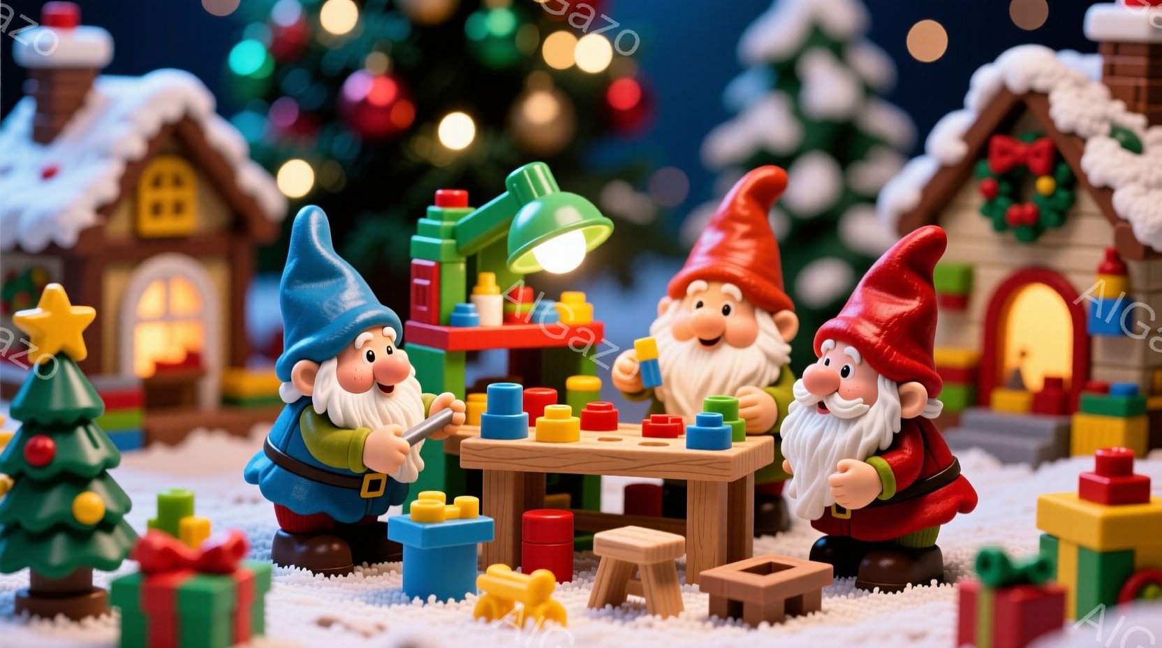 雪景色の中に、3人の小さな妖精のような彫像が、赤い作業台を囲んで積み木で遊んでいます。彼らはそれぞれ異なる色の帽子と赤い服を着ており、白いひげと笑顔が特徴的です。背景には、クリスマスツリーや可愛らしい家々が雪に覆われ、温かく幻想的な雰囲気を醸し出しています。