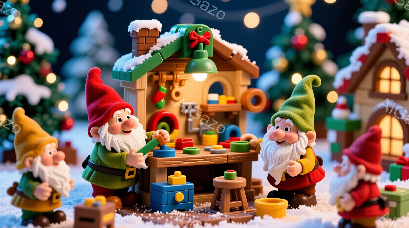 雪景色の中に、おもちゃのような小さな家と、赤い帽子と緑の服を着た小人たちが描かれています。小人たちは工作台の周りに集まり、カラフルなブロックで何かを作っているようです。背景には、雪で覆われた木々と、ぼんやりと光る暖かな光が広がり、クリスマスの温かく楽しい雰囲気を醸し出しています。