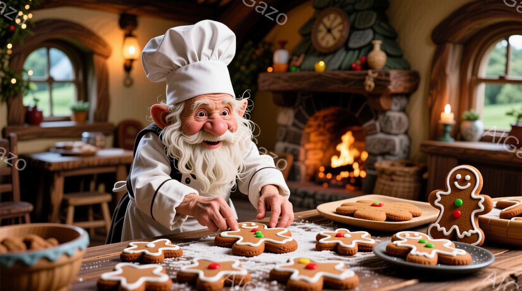白い料理帽とエプロンをつけた白ひげのおじいさんが、ジンジャーブレッドクッキーに飾り付けをしています。彼は優しい笑顔で、クッキーを丁寧に配置する様子が伺えます。背景には暖炉や木製のテーブルがあり、温かく、クリスマスの雰囲気が漂う室内です。