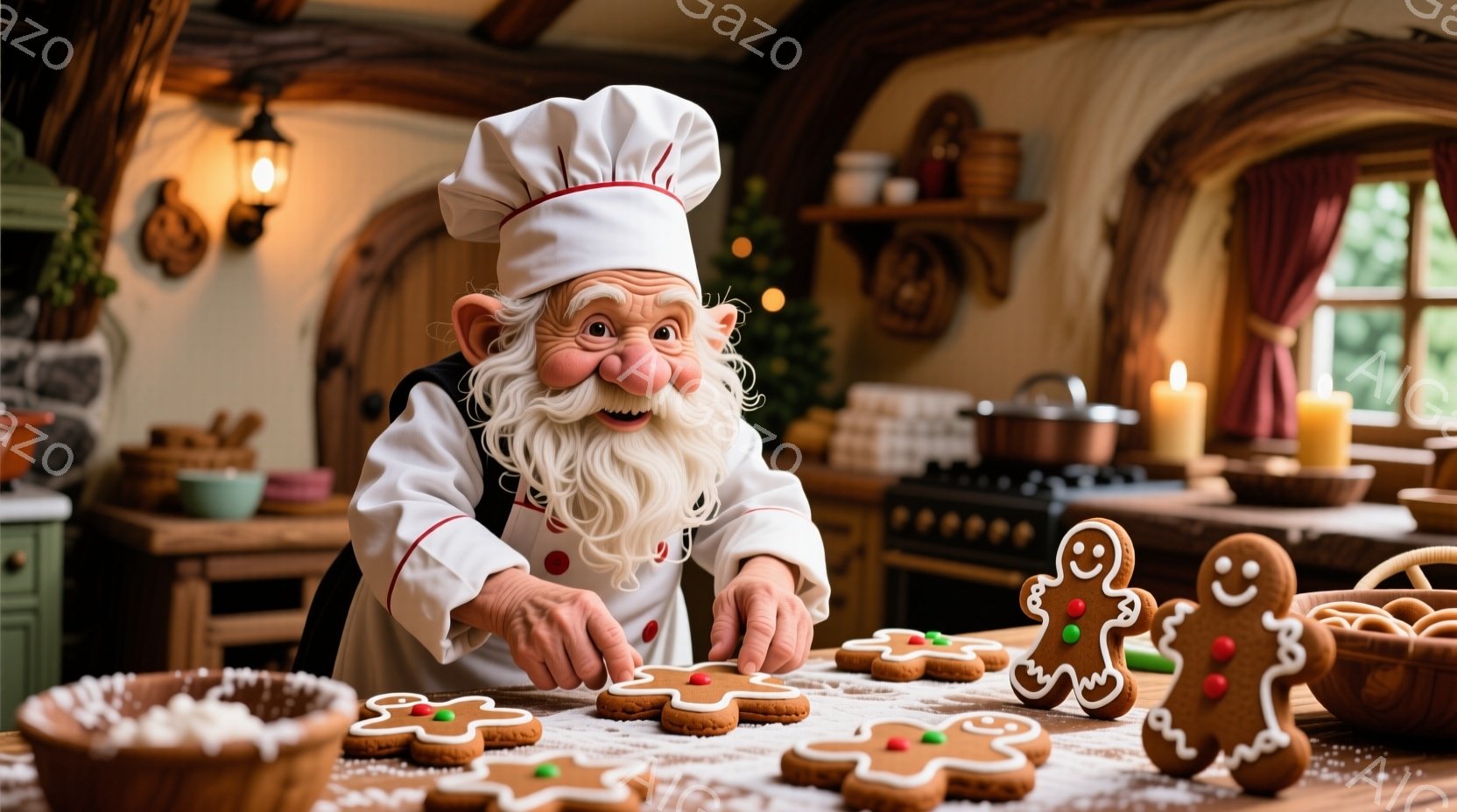 白い料理帽とエプロンをつけた、白いひげのサンタクロースが、ジンジャーブレッドクッキーに飾り付けをしているところです。彼は少し微笑み、集中した表情でクッキーにアイシングを細かく施しています。背景には木製の棚やキャンドルが置かれ、暖かく心地よいクリスマスの雰囲気が漂っています。