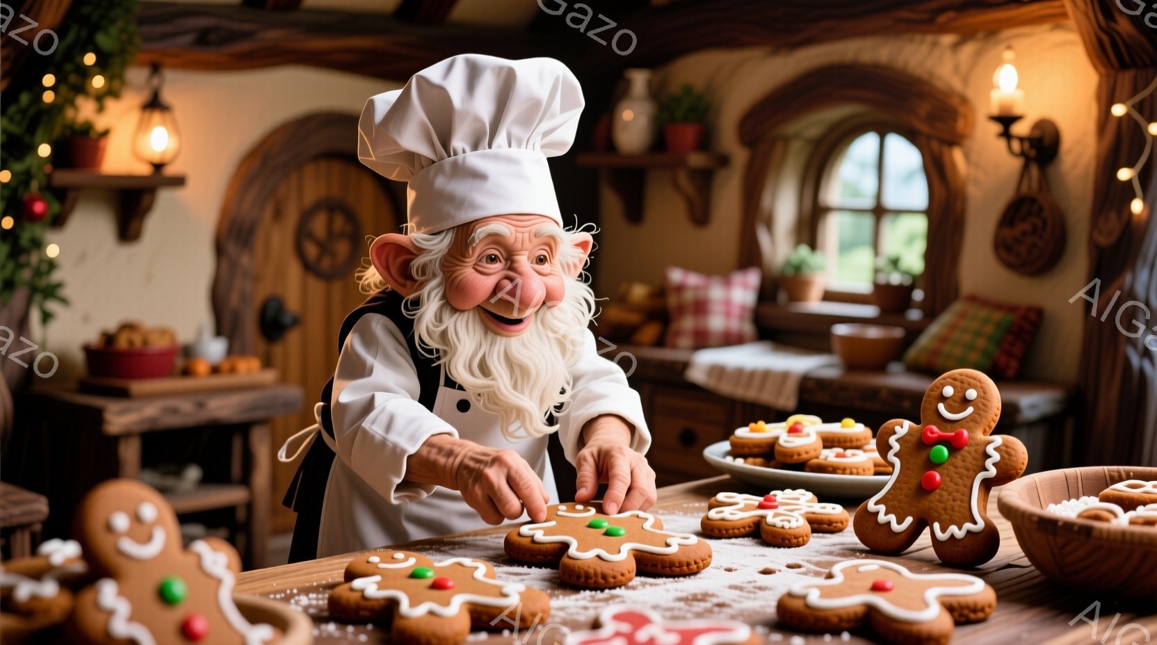 白い料理帽を被り、エプロンを身に着けた老人が、ジンジャーブレッドクッキーに白いアイシングで装飾しています。彼の顔には笑顔が浮かび、温かい表情が印象的です。背景には、木製の棚やクリスマスツリーの飾りが見え、暖かく家庭的な雰囲気が漂います。