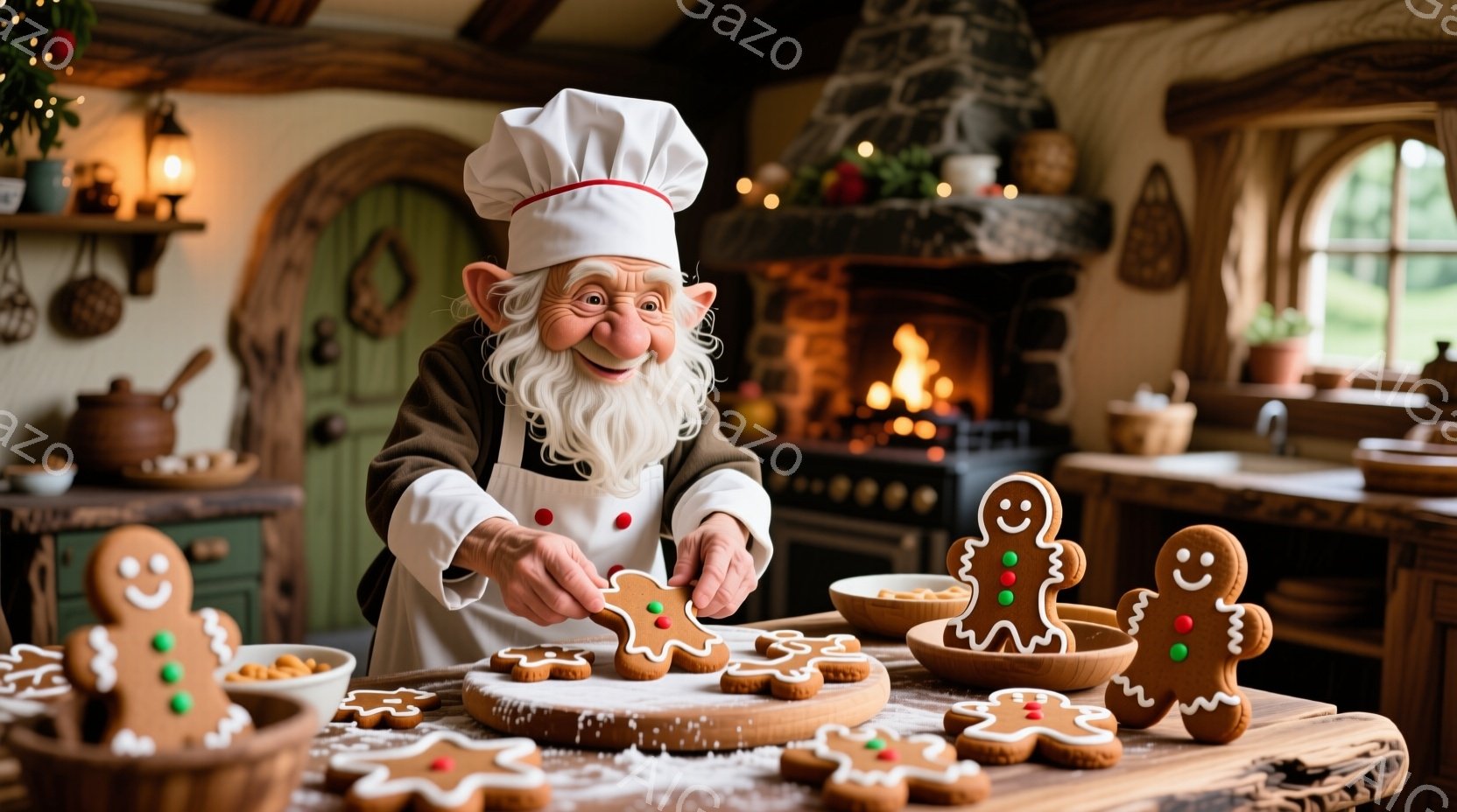 白い料理帽とエプロンをつけた、白髭の男性がジンジャーブレッドマンをデコレーションしている様子が描かれている。彼は微笑みを浮かべ、真剣な眼差しでジンジャーブレッドマンにアイシングを施しており、背景には暖炉や調理器具が並んだ、温かみのあるキッチンの様子がうかがえる。全体的に、クリスマスの準備を楽しむ、幸せで心地よい雰囲気が漂っている。
