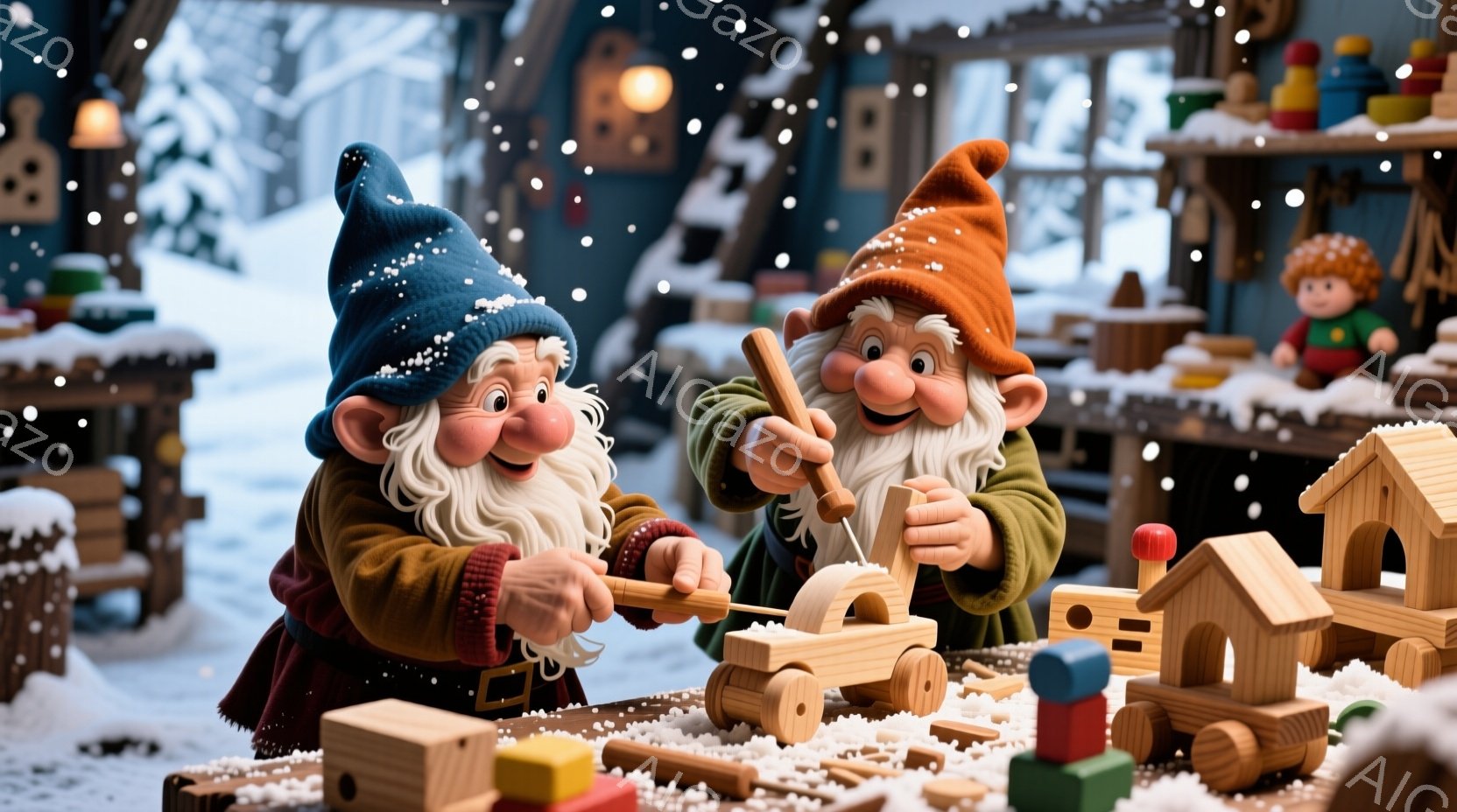 二人の白ひげの小人が工房で木のおもちゃを作っています。青とオレンジのニット帽をかぶり、赤いジャケットとズボンを身につけており、真剣な表情で木材を削っています。背景には、木製の積み木や人形が並び、雪が降る冬の工房の温かく創造的な雰囲気が漂っています。