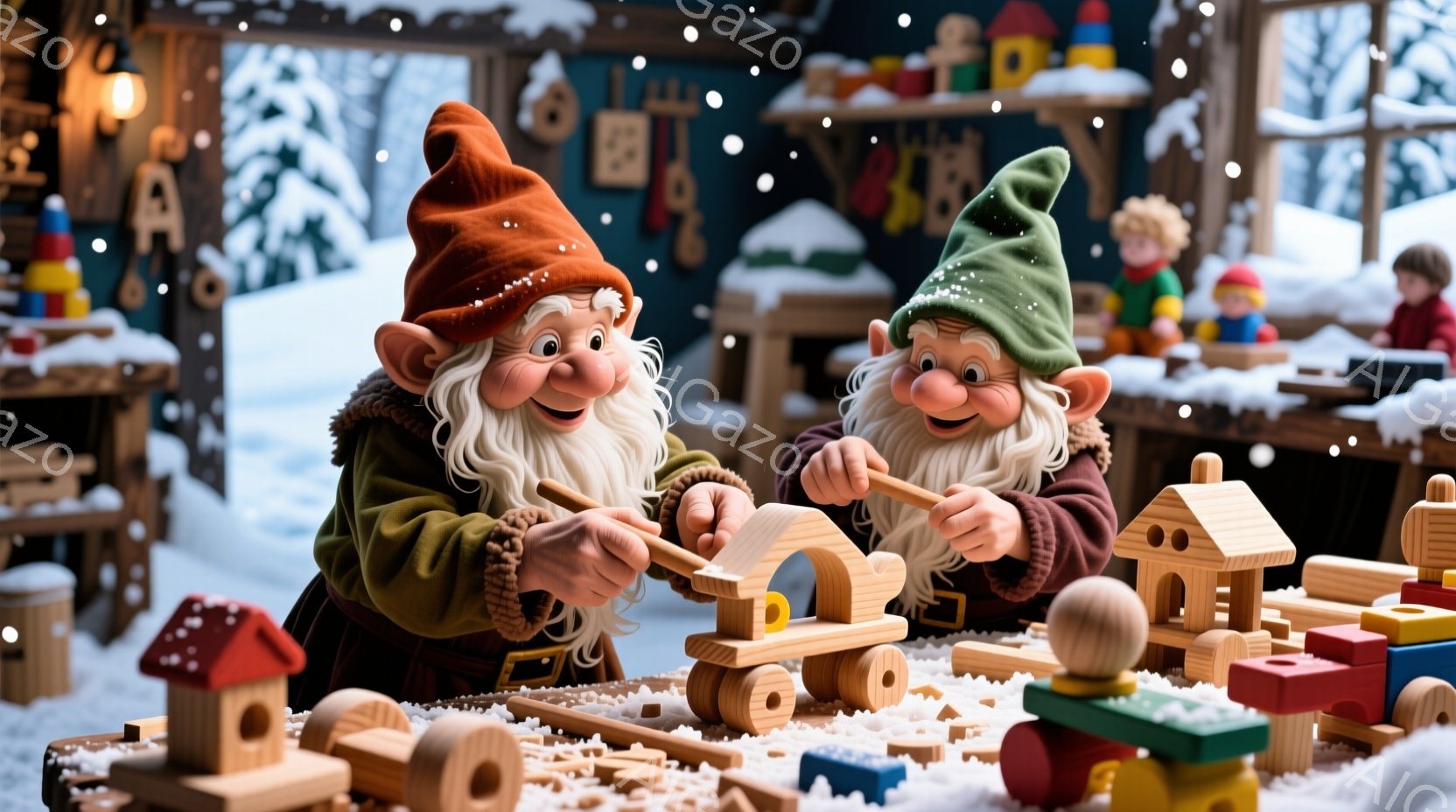 緑色の服を着た2人の小人が写っており、それぞれ赤いベルトと茶色のブーツを履いています。彼らは木製の玩具を作っており、集中して木材を削っています。背景には、おもちゃや木材が散らばった作業場、雪が降る冬の風景が見え、全体的に温かく、職人の手仕事の温かさが伝わる雰囲気です。