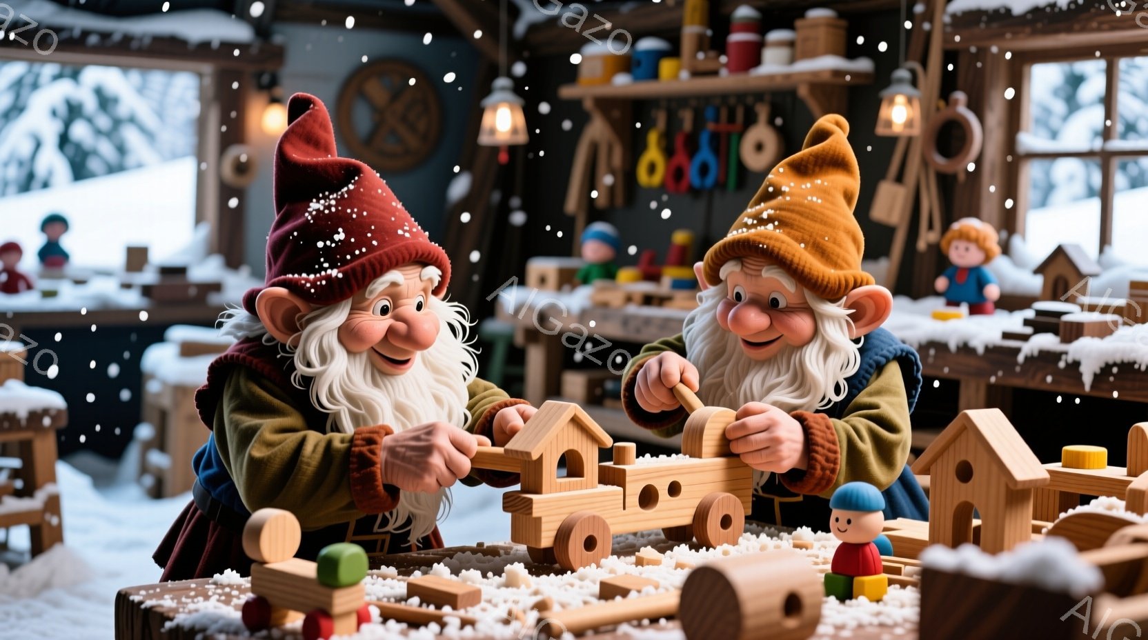 二人の小人が木製の玩具を作っている様子が描かれています。赤い帽子と茶色のセーター、赤いベストを身につけ、白いひげを蓄えた二人は、真剣な表情で木片を加工しています。背景には、工具が並んだ作業台や木製の家々、雪が舞う冬の風景が見え、温かく、職人の手仕事が感じられる雰囲気です。