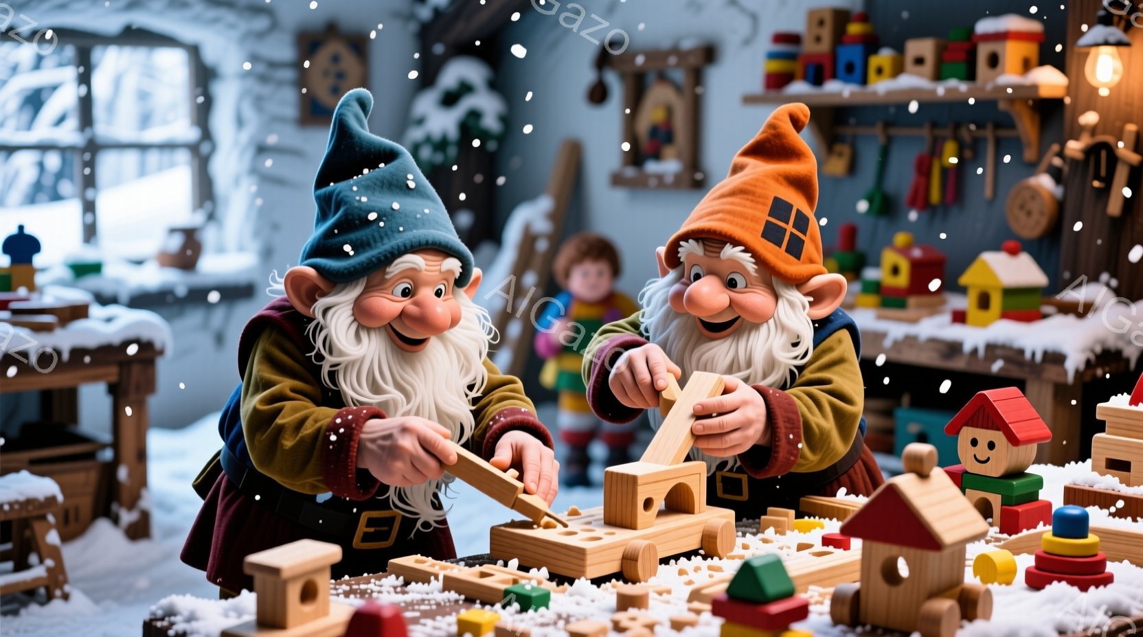 二人の小人が木製のブロックで何かを作っています。それぞれ緑とオレンジの帽子を被り、白い髭と笑顔を浮かべており、職人のような服装をしています。背景には、木製の玩具でいっぱいの作業台と、雪が降る外の風景が見え、おもちゃ工場のような暖かく、クリスマスの雰囲気が漂っています。