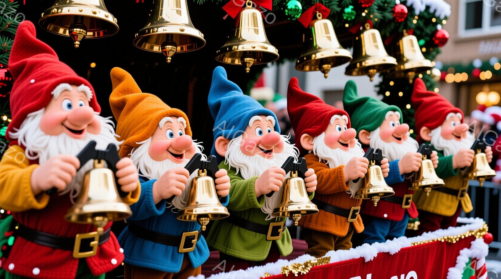 白雪姫の7人の小人の人形が横一列に並んでいる様子を捉えています。各小人は、それぞれ異なる色の帽子とベストを着ており、楽しげな表情で金色の鐘を持っています。背景にはクリスマスツリーや装飾が輝き、賑やかな祝祭の雰囲気が漂っています。