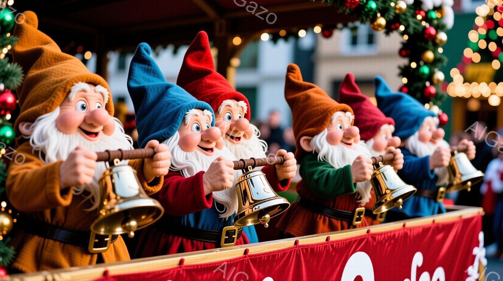 白雪姫に登場する7人の小人の人形が、それぞれ異なる色の帽子をかぶり、赤いジャケットと茶色のズボンを身につけています。彼らは皆、手にランタンを持ち、同じ方向を見て、笑顔で遊歩道を歩いているように見えます。背景には、赤い装飾とキラキラと輝く光で飾られた遊歩道があり、お祭りのような華やかな雰囲気が漂っています。