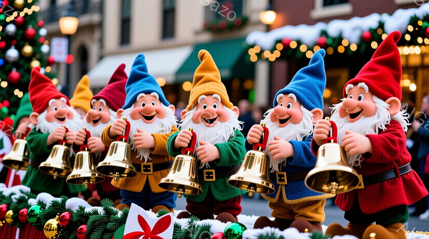 白ひげで赤い帽子をかぶった小人たちが、それぞれ金色のベルを持っています。彼らは笑顔でまっすぐ前を向き、まるで合唱団のように整列しています。背景には、クリスマスツリーや装飾が施された建物があり、雪が舞う冬の暖かく賑やかな雰囲気を醸し出しています。
