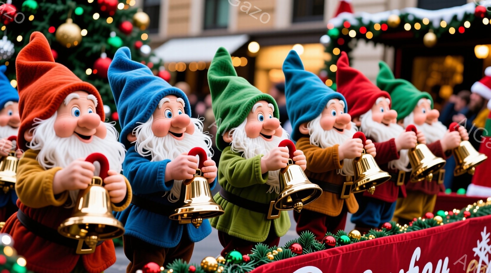 白雪姫の七人の小人が、それぞれ赤、青、緑色の帽子をかぶり、白いひげを蓄えています。彼らは皆、金色の鐘を両手で高く掲げ、楽しげな表情をしています。背景にはクリスマスツリーのイルミネーションが輝き、赤い装飾が施されたフェンスが見え、全体的に暖かく、お祝いの雰囲気が漂っています。