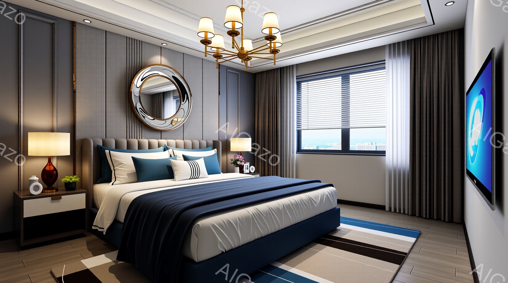 落ち着いた色調の寝室で、壁はグレーとベージュのストライプ模様、床は木目調です。ベッドは濃いブルーのフレームに、白いリネンとブルーのクッションが飾られ、ヘッドボードの上には丸い鏡が掛かっています。大きな窓からは街並みが一望でき、暖色系の照明と厚手のカーテンが、穏やかで洗練された雰囲気を醸し出しています。