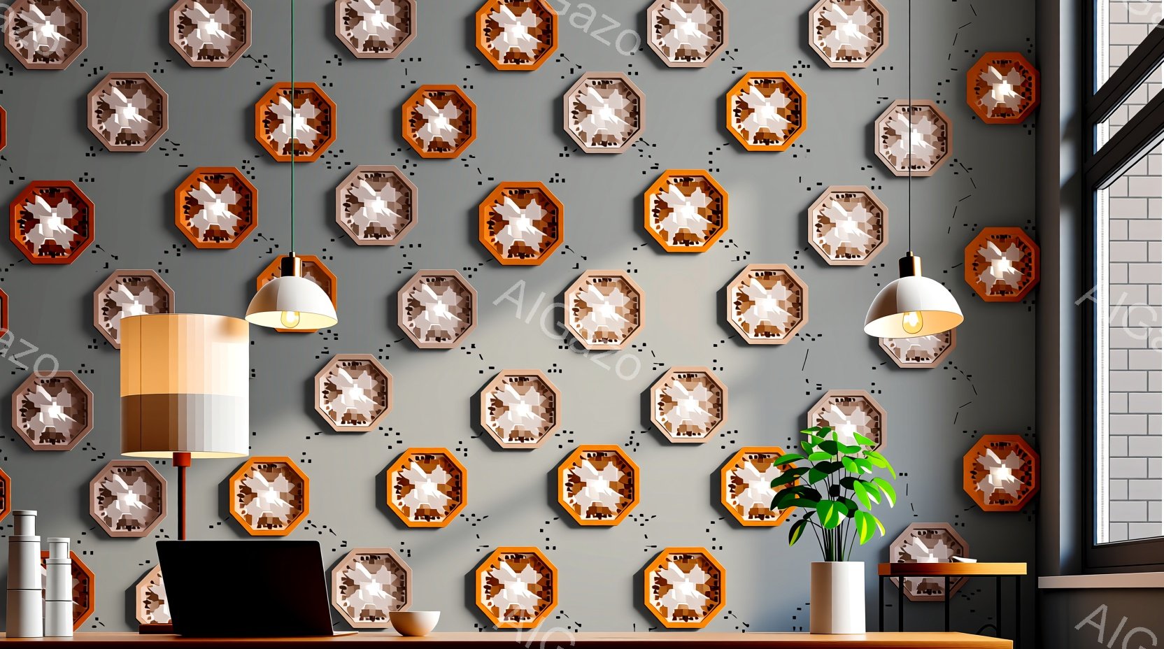 灰色の壁一面に、オレンジ色の縁取りがされた幾何学模様の装飾が規則的に並べられています。部屋には黒いラップトップ、白い陶器の花瓶に入った緑の植物、そして床に置かれた小さな装飾品が見えます。全体的にモダンでミニマルな雰囲気で、自然光が差し込む窓からの光が室内に柔らかく降り注いでいます。