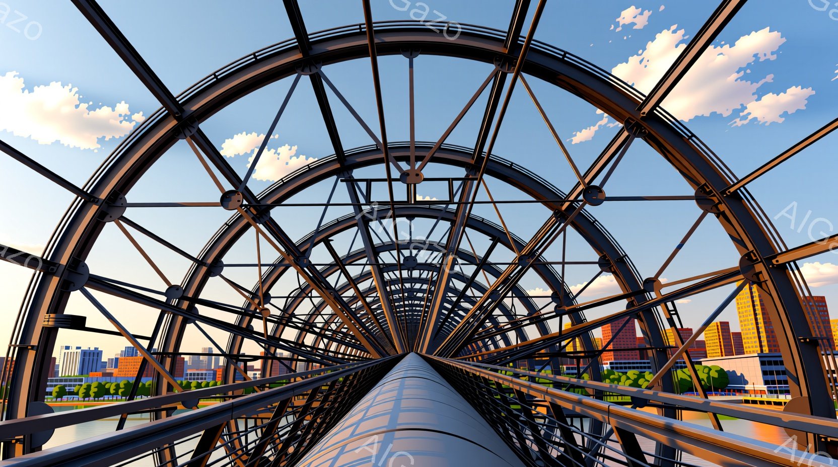 この画像は巨大な観覧車の構造を通して街並みを捉えたもので、鉄骨が放射状に広がり、遠くにはカラフルな建物群と緑の自然が広がっています。青空には白い雲が浮かび、明るく晴れた日差しが街並みを照らし出し、活気ある都市の雰囲気を伝えています。観覧車の構造と街並みのコントラストが印象的で、未来的な都市景観を描き出しています。