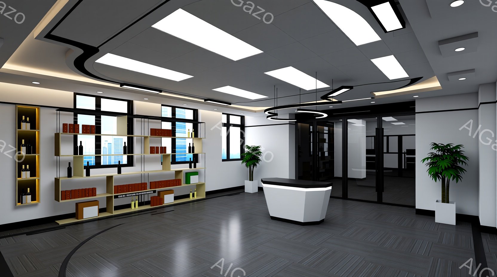 広々とした受付スペースで、木製の棚にはワインボトルが整然と並べられています。窓の外には高層ビル群が広がり、室内は明るい光で満たされています。床はグレーのカーペットで、モダンで洗練された雰囲気を作り出しています。