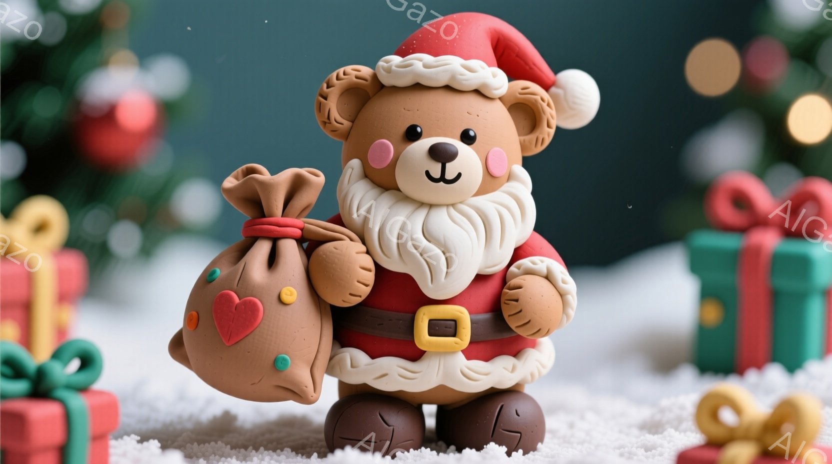 これは、クリスマスの衣装を着たクマの置物です。赤い帽子とコート、白いひげと、プレゼントを詰めた袋を持っています。背景には、緑色のプレゼントボックスが散りばめられ、雪景色が広がっていて、温かく可愛らしい雰囲気を醸し出しています。