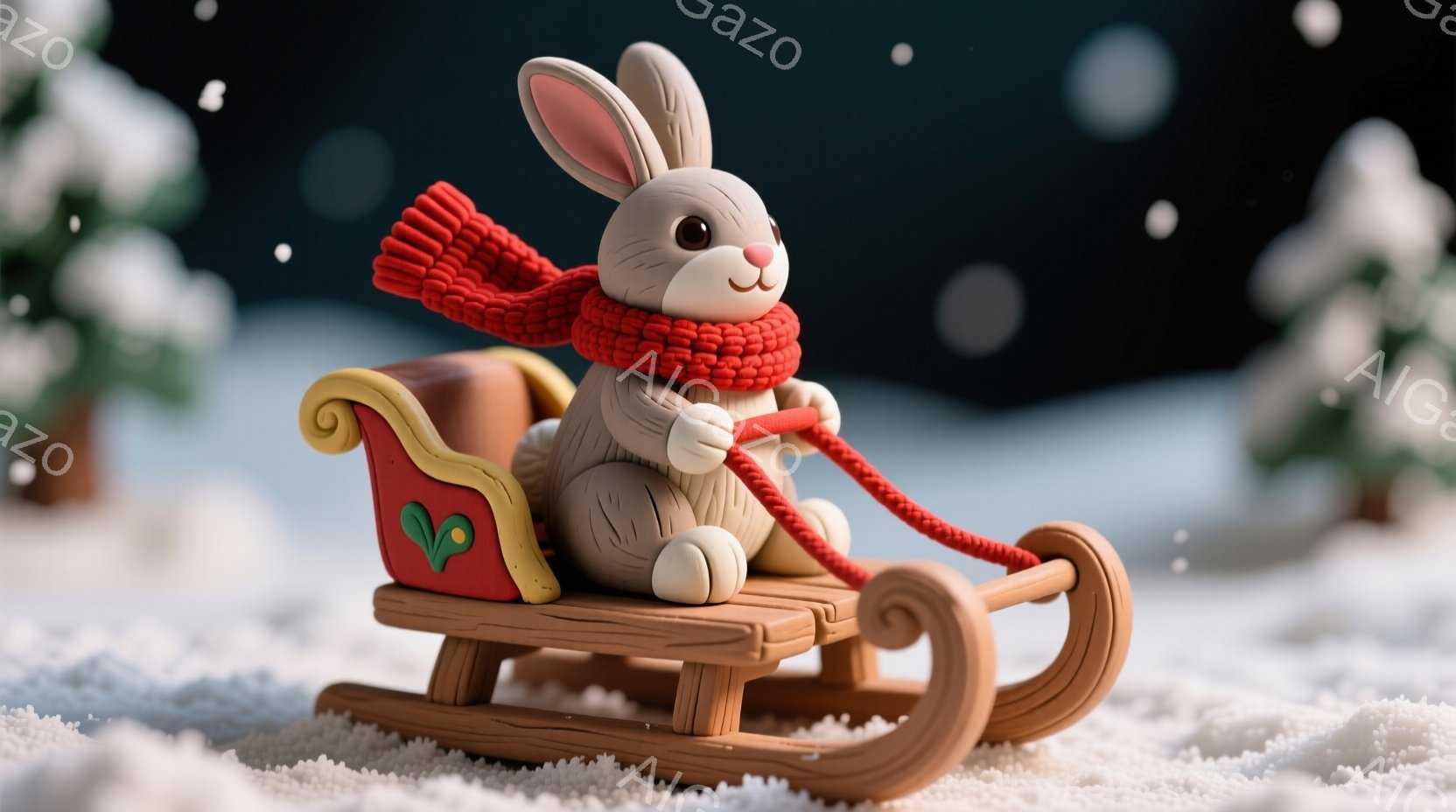 暖炉のような色合いのそりに、赤いマフラーを巻いた可愛らしい茶色のウサギが乗っています。ウサギは前足を伸ばしてそりのハンドルを握り、嬉しそうな表情で雪の上を滑っているようです。背景には雪の積もった木々とぼんやりとした光の粒子があり、冬の温かく穏やかな雰囲気を醸し出しています。
