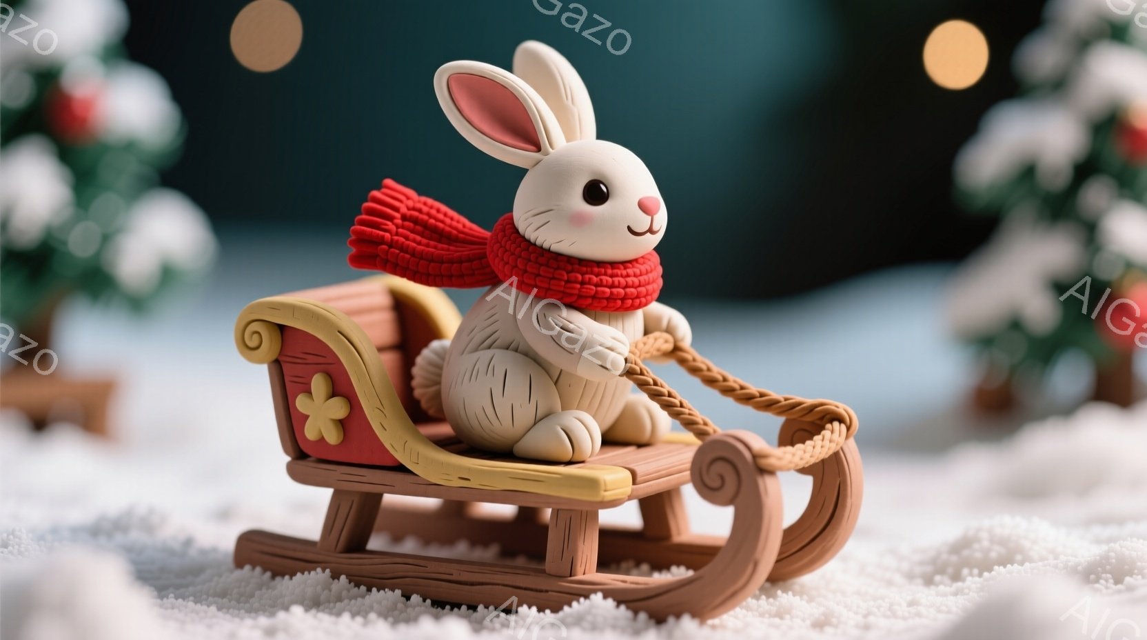 白いウサギが赤いスカーフを巻き、木製のそりに乗って楽しそうに雪の上を滑っています。そりは茶色とオレンジ色で装飾されており、雪景色の中に暖かさを添えています。背景には、雪に覆われた小さなクリスマスツリーがぼんやりと見え、全体的に冬の暖かく穏やかな雰囲気が漂っています。