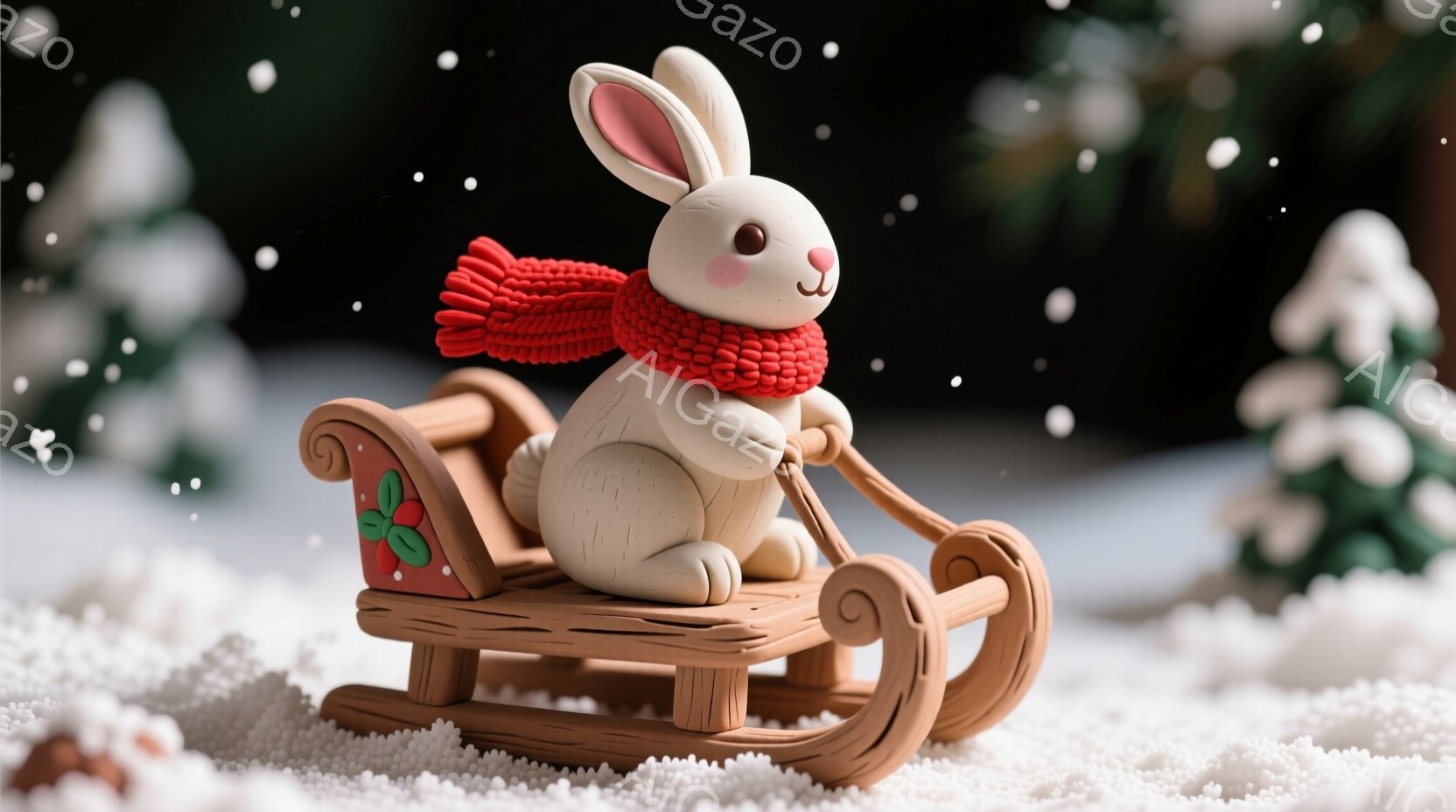 白い毛並みのうさぎが、赤いマフラーを首に巻き、茶色のソリに乗って微笑んでいます。背景には雪が降り積もり、暗緑色の木々がぼんやりと見え、冬の静かで温かい雰囲気を醸し出しています。ソリには赤い実と葉っぱが飾られており、可愛らしい印象を与えます。