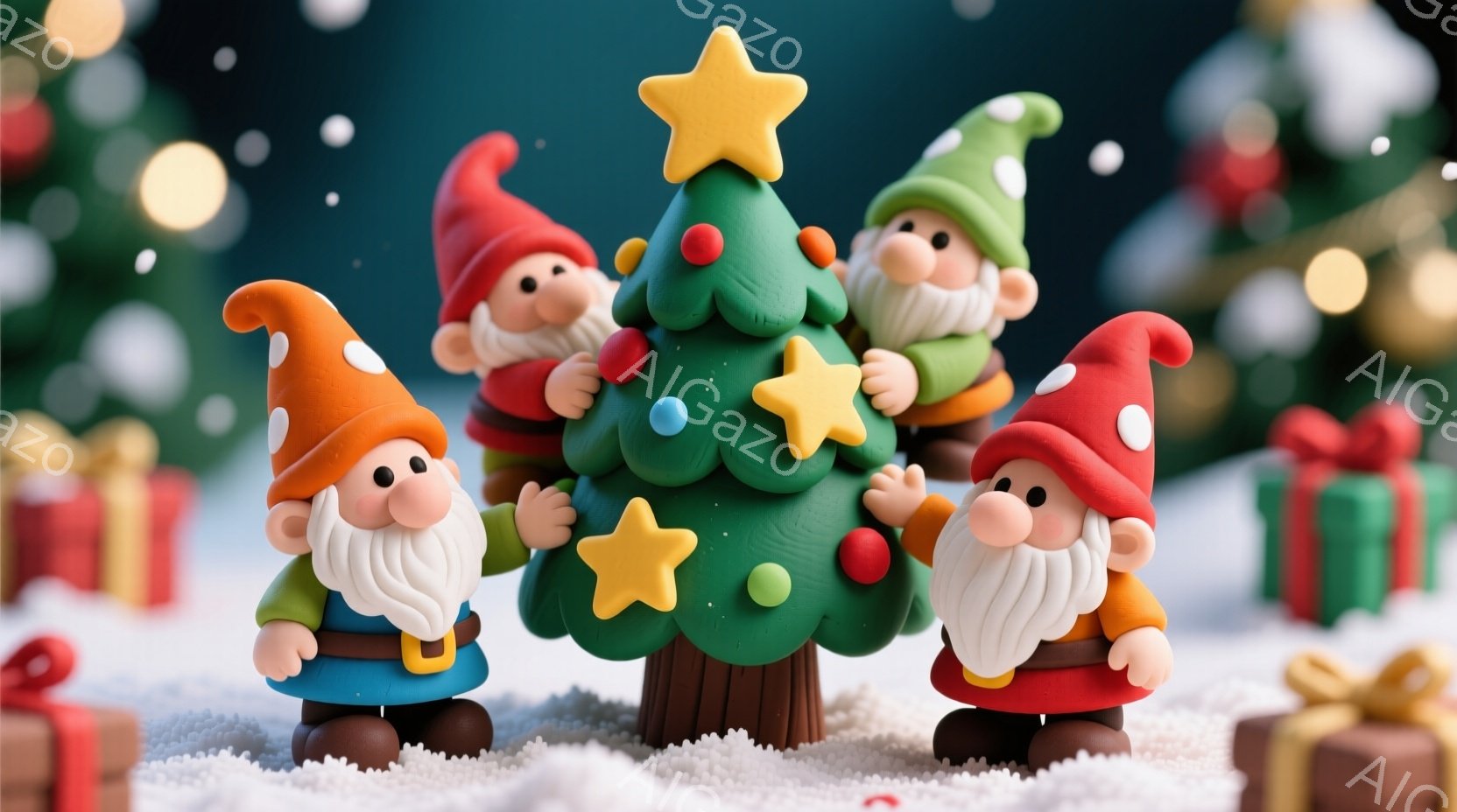 暖炉のそばにある雪景色の中に、可愛らしい小人たちがクリスマスツリーの周りに集まっています。小人たちはそれぞれ赤、青、緑の服を着ており、白いひげと帽子が特徴的です。背景にはプレゼントボックスが散らばり、 - AI生成フリー素材