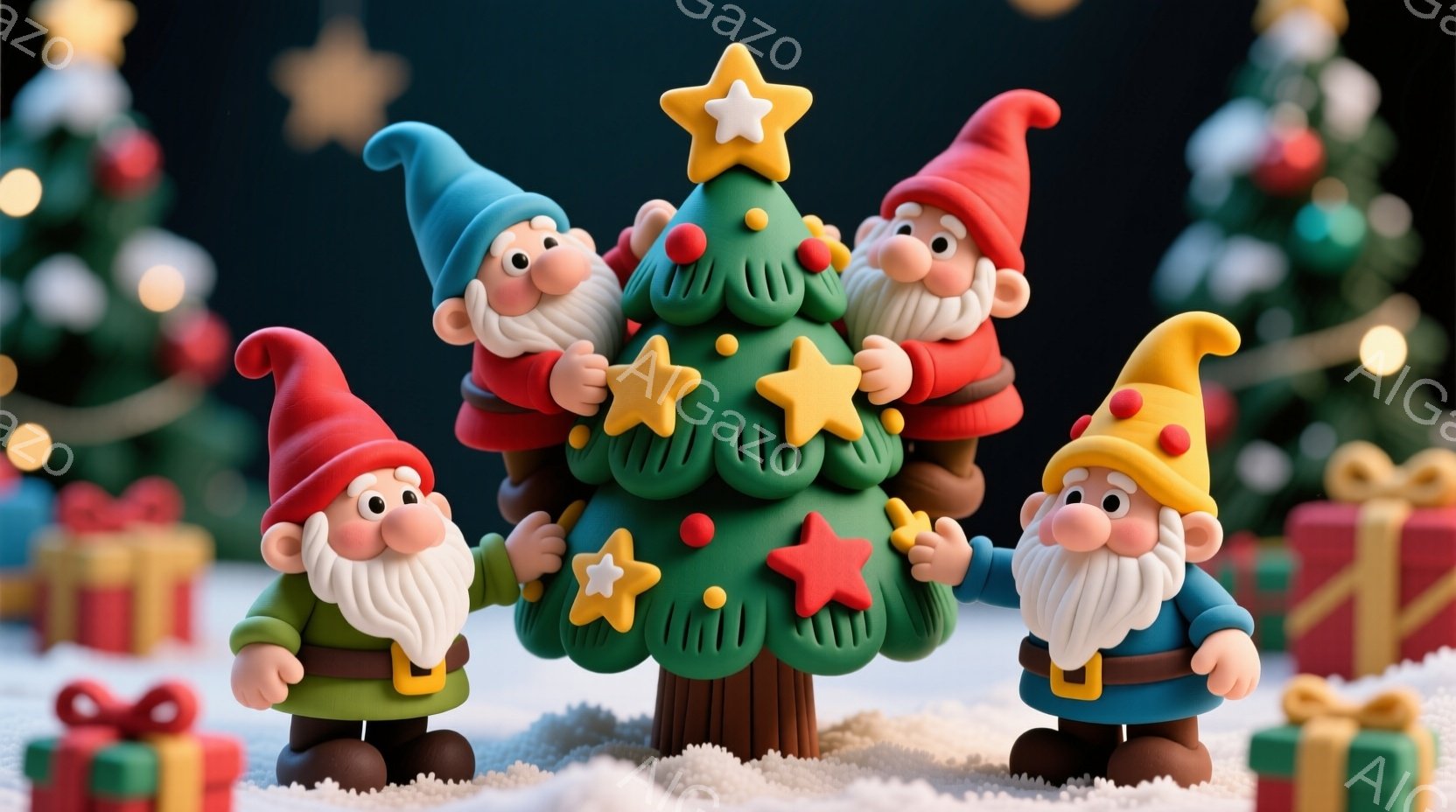 4人の小人が緑色のクリスマスツリーの周りに集まり、楽しそうにツリーを飾り付けている。彼らはそれぞれ赤い帽子と白いひげを持ち、緑と茶色の服装を着ている。背景には雪景色と、他のクリスマスツリーやプレゼントが見え、全体的に暖かくお祝いムードに満ちた雰囲気である。