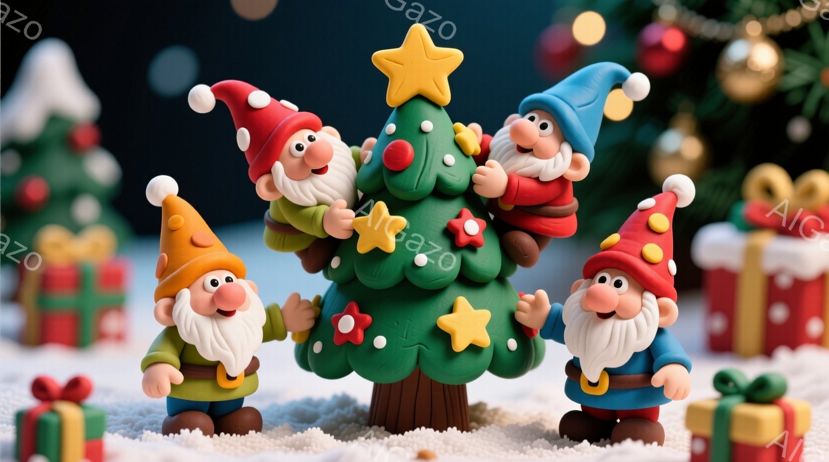 緑色のクリスマスツリーの周りに、帽子をかぶった愛らしい小人が四人集まっています。小人はそれぞれ赤と青の服を着ており、白いひげと笑顔が印象的です。背景には雪景色とプレゼントの箱が散りばめられており、温かく楽しいクリスマスの雰囲気が漂っています。