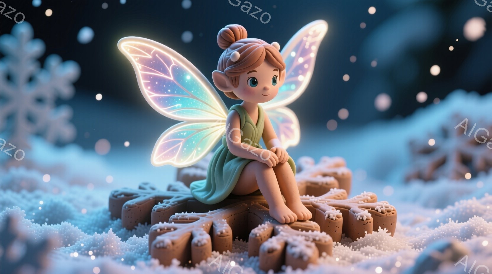 明るい緑色のドレスを着た小さな妖精が、雪で覆われた茶色のクッキーのような台の上に座っています。彼女は明るい茶色の髪を高いお団子にしており、つぶらな瞳は優しげな表情をしています。背景は雪に覆われた夜の風景で、遠くにはぼんやりとした形が見え、全体的に幻想的で温かい雰囲気が漂っています。