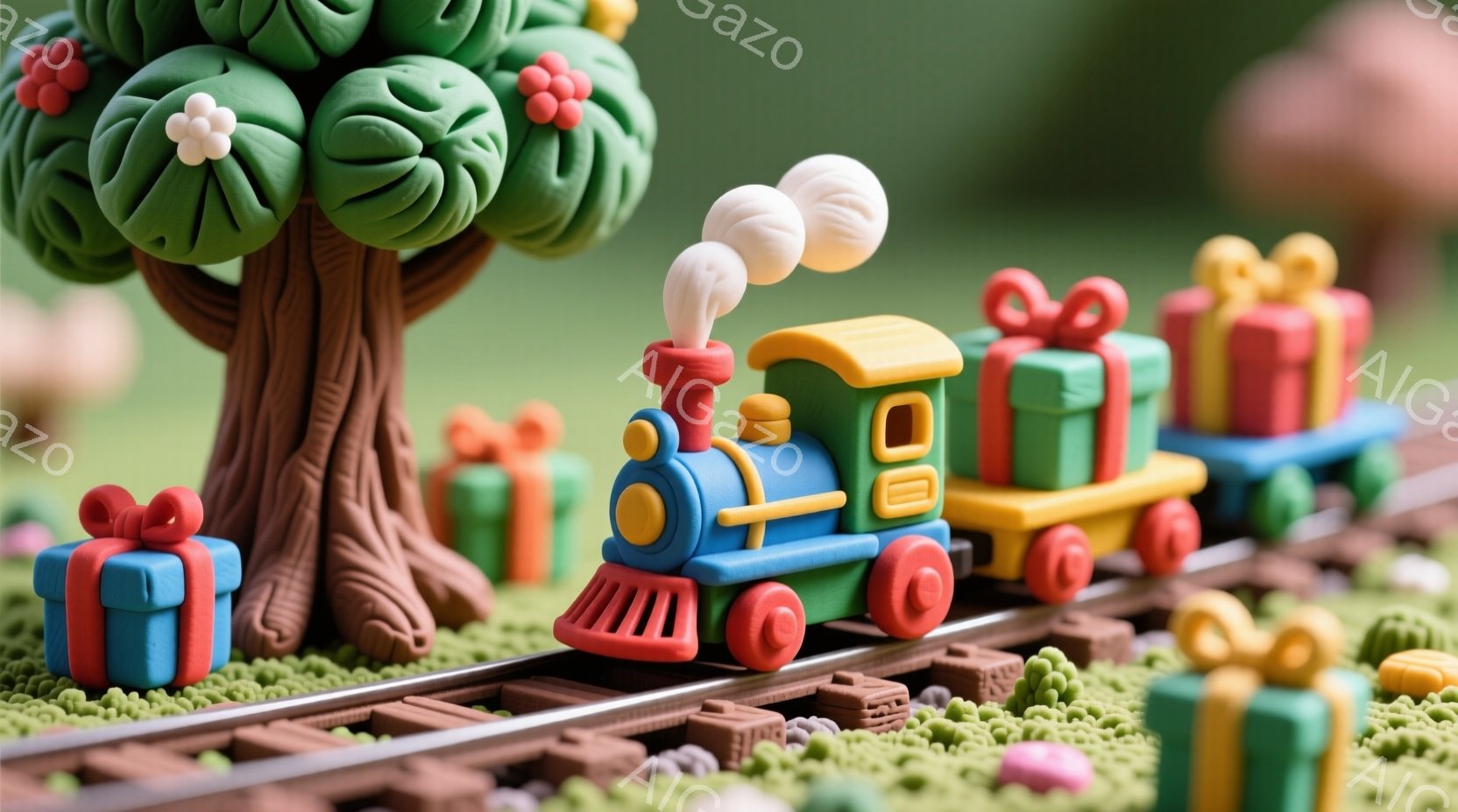 カラフルな玩具の列車が茶色の線路の上を走っています。列車は青、緑、黄色で構成され、プレゼント箱の貨車が連結されています。背景には緑色の芝生と茶色の木の根元が見え、全体的に明るく楽しい雰囲気です。