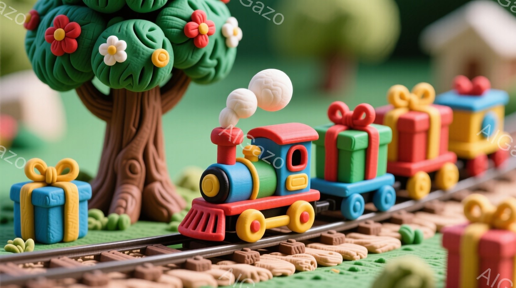 粘土で作られた、カラフルなプレゼントを積んだ列車が、緑の丘の上を走っている様子が描かれています。列車は青、赤、緑の車輪が付いており、煙突からは白い煙が上がっています。背景には茶色の木と、小さなギフトボックスが点在し、明るく陽気な雰囲気を醸し出しています。