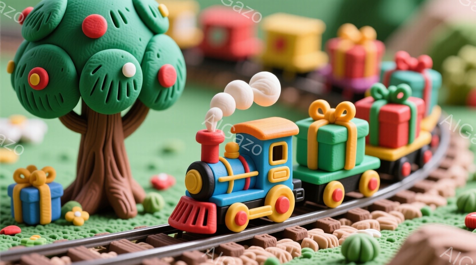 手作りのような粘土製の列車が、緑色の芝生のような背景を走っています。列車は青い機関車と、プレゼント箱を載せた赤い車両で構成され、白い煙を上げています。背景には、赤い実がついた茶色の木と、小さな花やプレゼント箱が散りばめられており、温かく可愛らしい雰囲気を醸し出しています。