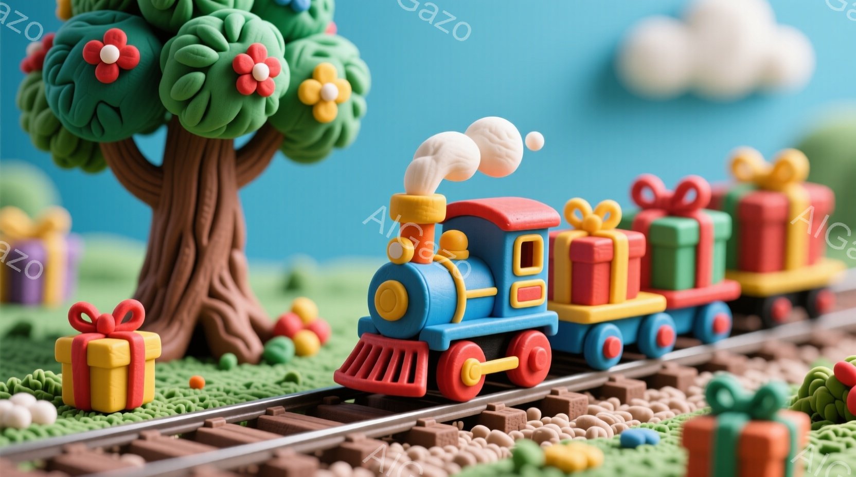 青い蒸気機関車が、赤い貨車と緑の貨車を引いて線路を走っている様子が描かれています。背景には茶色の木と、ピンク、黄色、紫のプレゼントボックス、そして緑色の芝生が見られ、晴れた空が広がっています。全体的に、明るく可愛らしい雰囲気で、子供向けの楽しい世界を表現しています。