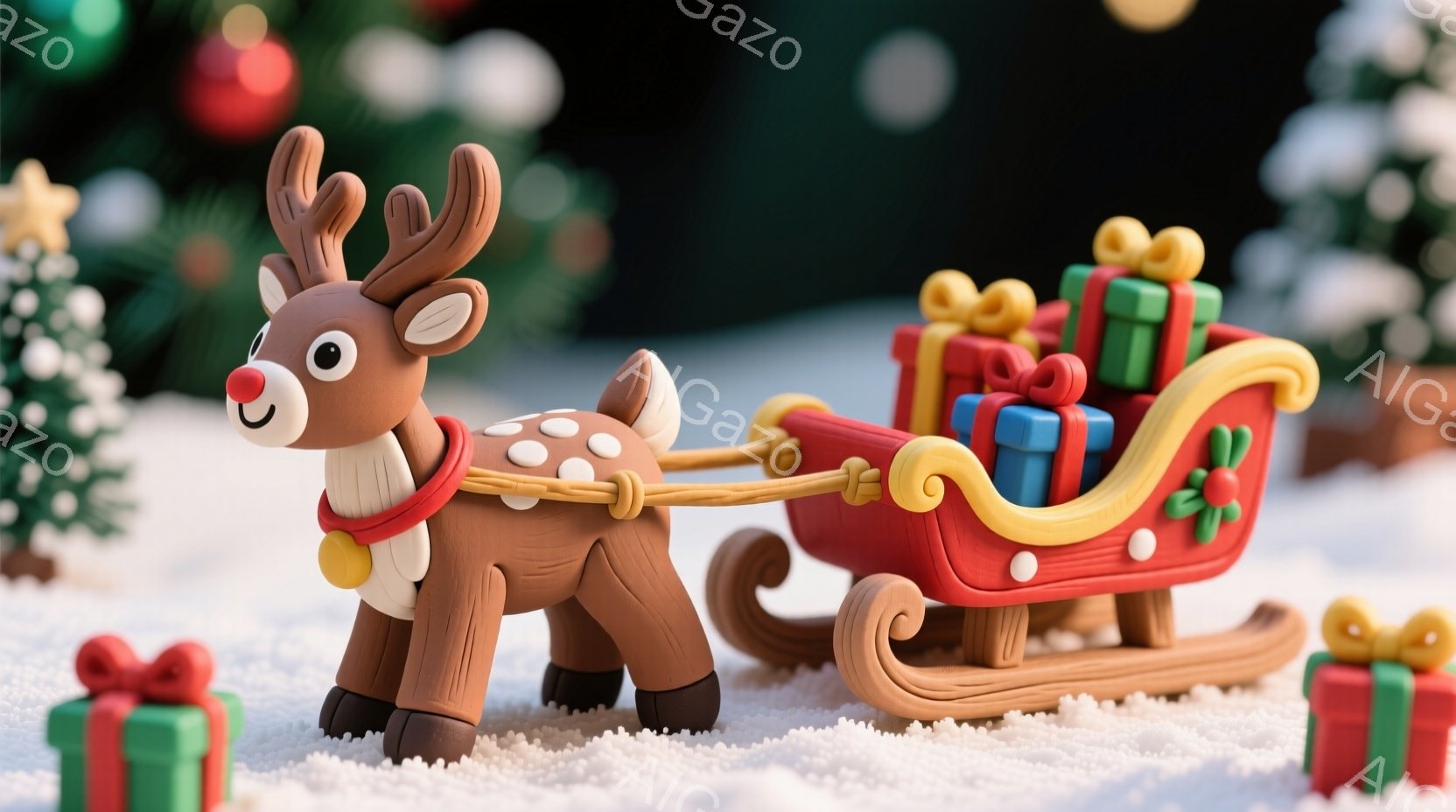 可愛らしいトナカイが赤いそりを引いています。そりには色とりどりのプレゼントが積み込まれており、雪景色の中でクリスマスの雰囲気を盛り上げています。背景にはクリスマスツリーがぼんやりと見え、温かく幻想的な雰囲気を醸し出しています。
