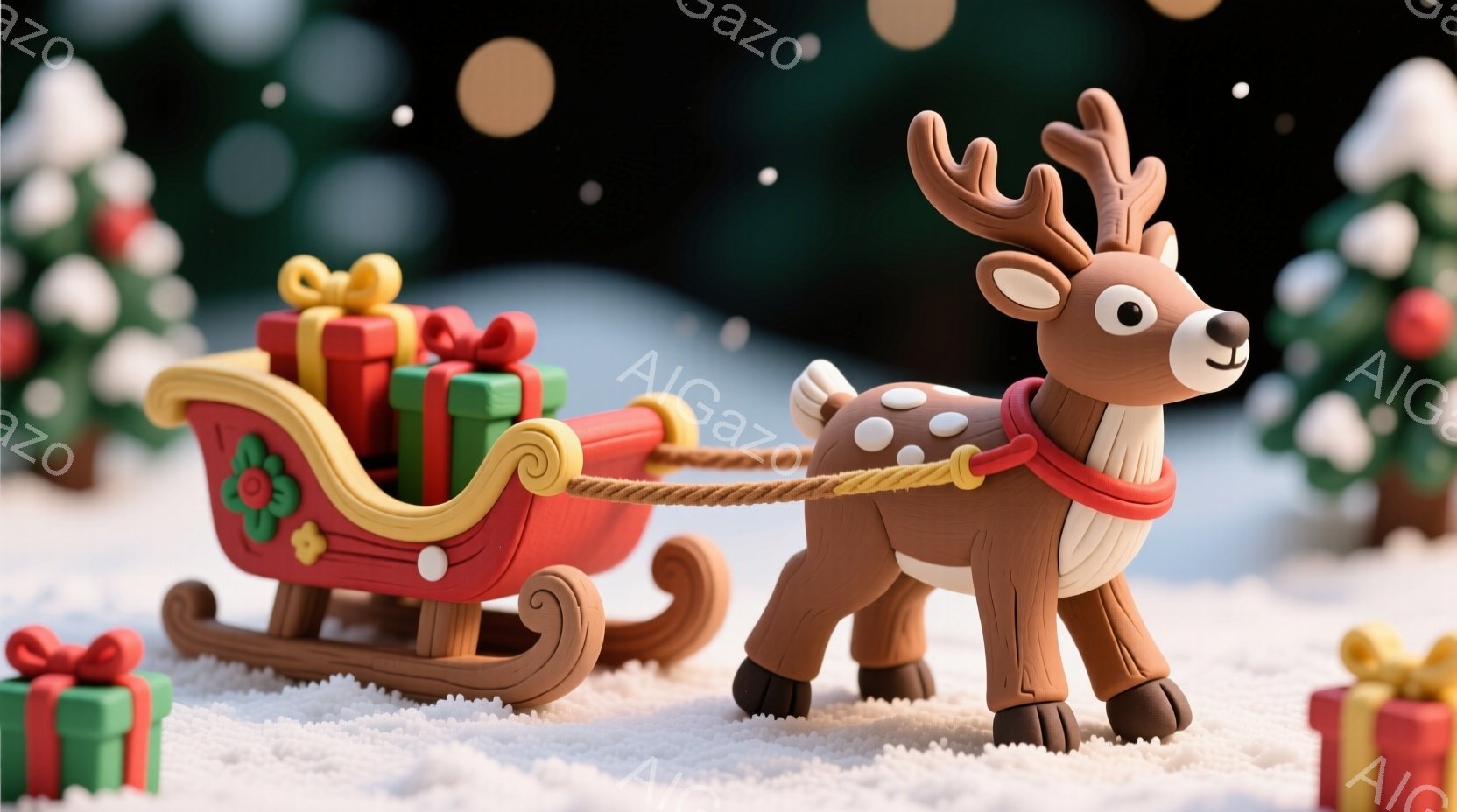 暖炉の前に置かれた雪景色の中で、茶色のトナカイが赤いそりを引いています。そりには様々な色のプレゼントが積み込まれており、背景には緑の木々がぼんやりと見えます。全体的に温かく、おとぎ話のような雰囲気で、クリスマスや冬の祝祭を祝う心温まる光景です。