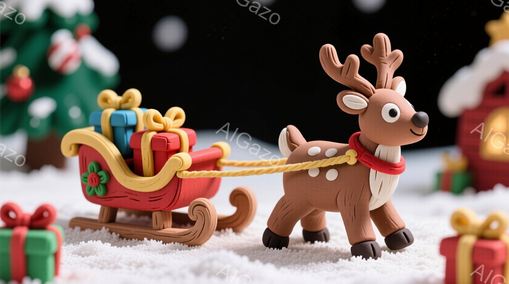 陶器のような質感のトナカイが、赤いそりを引いています。そりには緑と茶色のリボンで飾られたプレゼントがいくつか積まれており、背景には雪景色の中に小さな家とクリスマスツリーが見えます。全体的に温かく、お祝いムードにあふれたクリスマスの情景です。