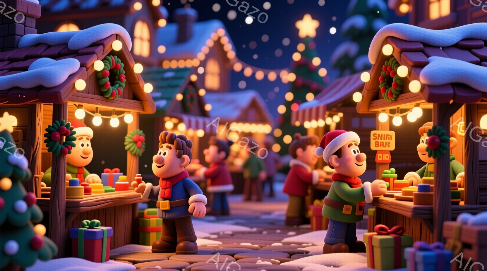 カラフルなクリスマスのマーケットが描かれており、丸みを帯びた体型の人々が暖かく、陽気な雰囲気を醸し出しています。彼らはそれぞれ赤い帽子やマフラー、コートを着ており、表情は笑顔で、プレゼントが積み上げられた屋台の間を歩き回っています。背景には雪で覆われた建物があり、クリスマスライトが輝き、冬の祝祭の楽しい雰囲気を強調しています。